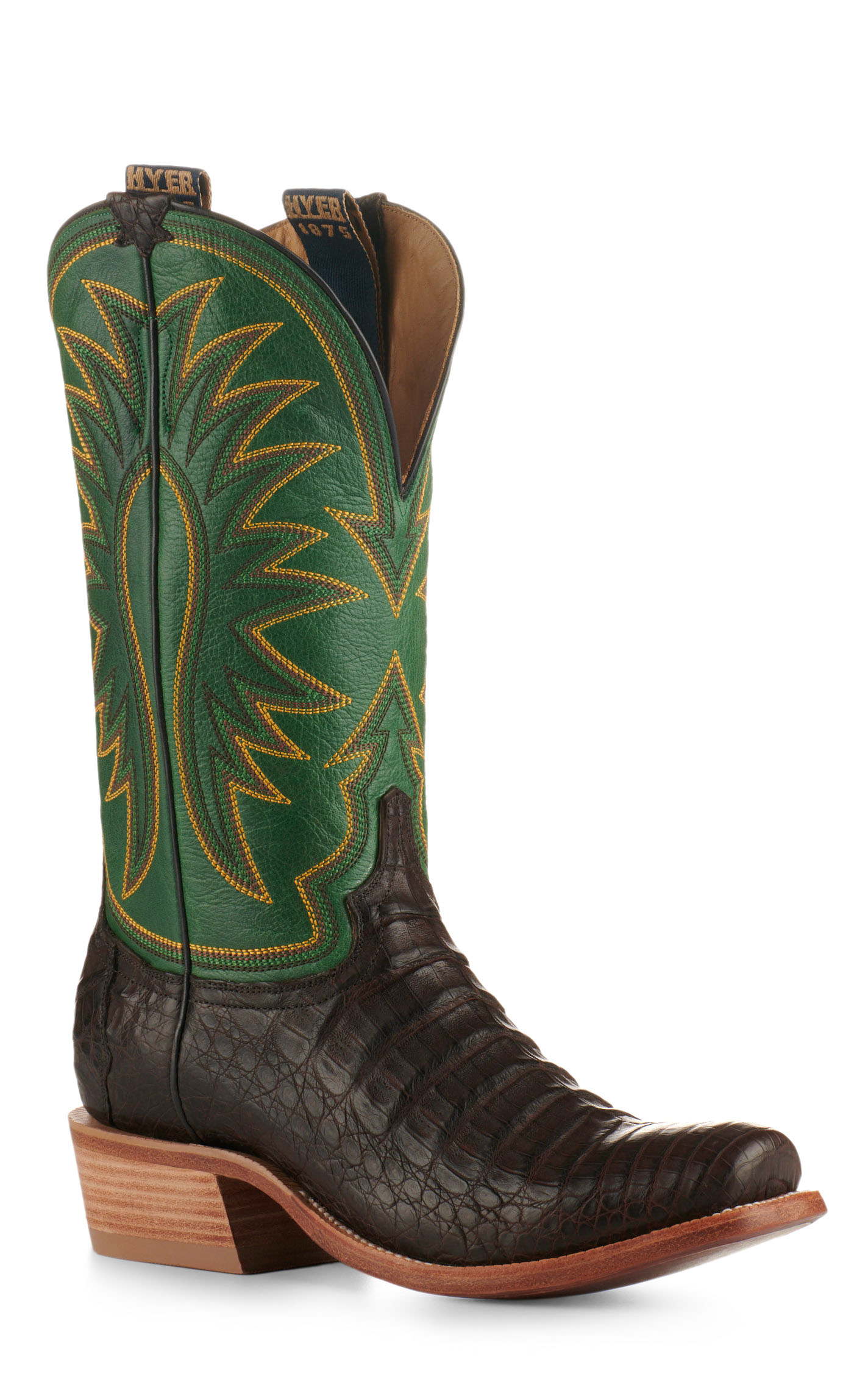 Hyer Men's Spearville Green and Coffee Matte Caiman Square Toe Exotic Cowboy Boots - Image 1