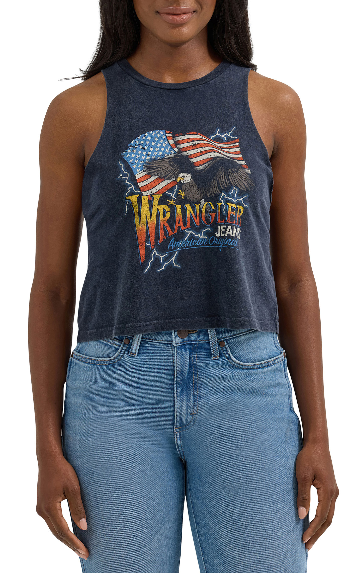 Wrangler Women's Blue Screen Print Crop Tank Tee - Image 1