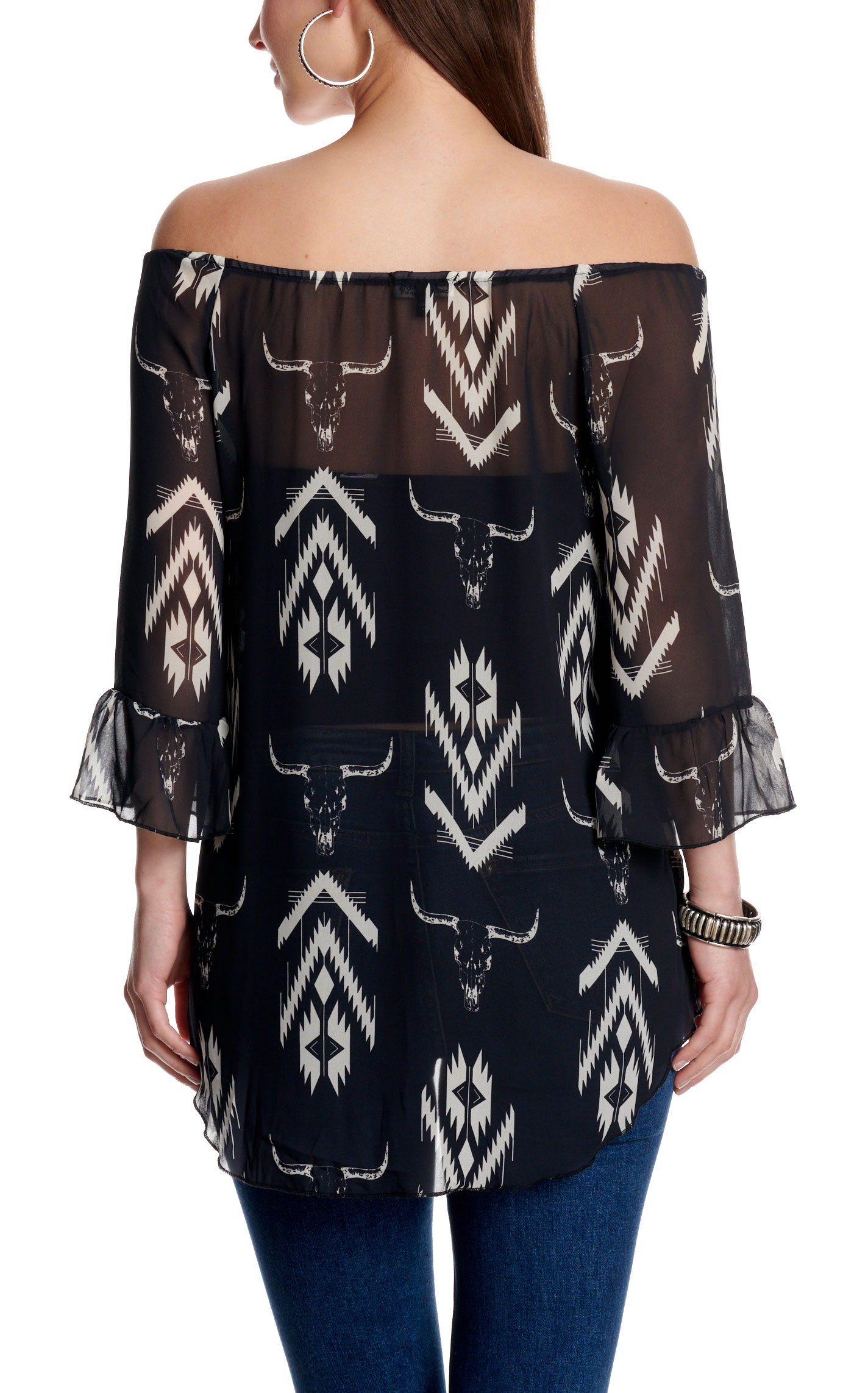 Cowgirl Hardware Women 's Black Aztec & Skull Print Off Shoulder Top - Image 3