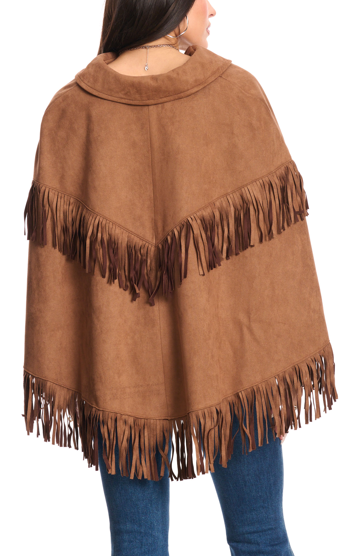 Rockin C Women's Chocolate Fringed Faux Suede Poncho Style Jacket - Image 1