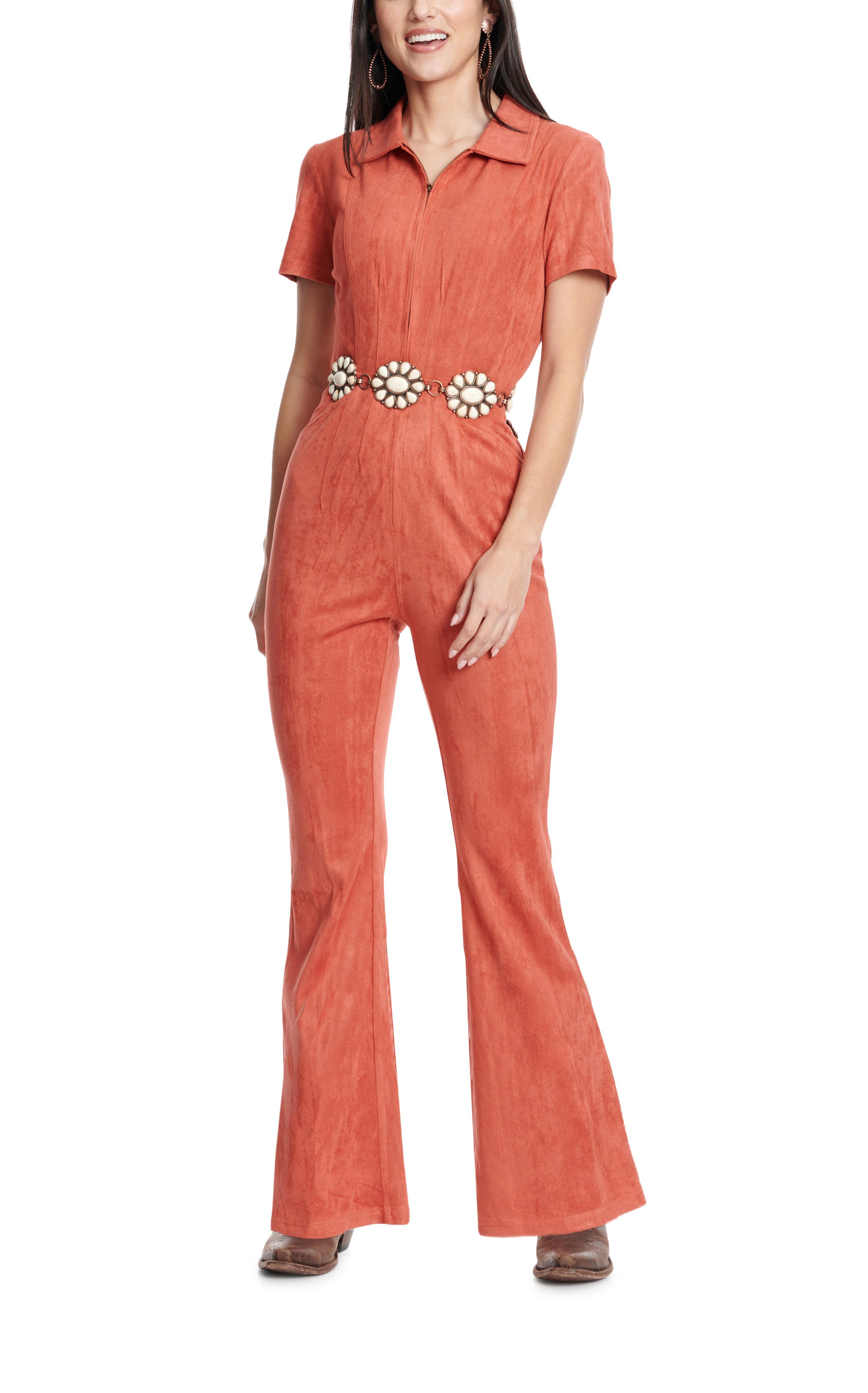 Fashion Express Women's Rosy Rust Faux Suede Short Sleeve Flare Leg Jumpsuit - Image 1