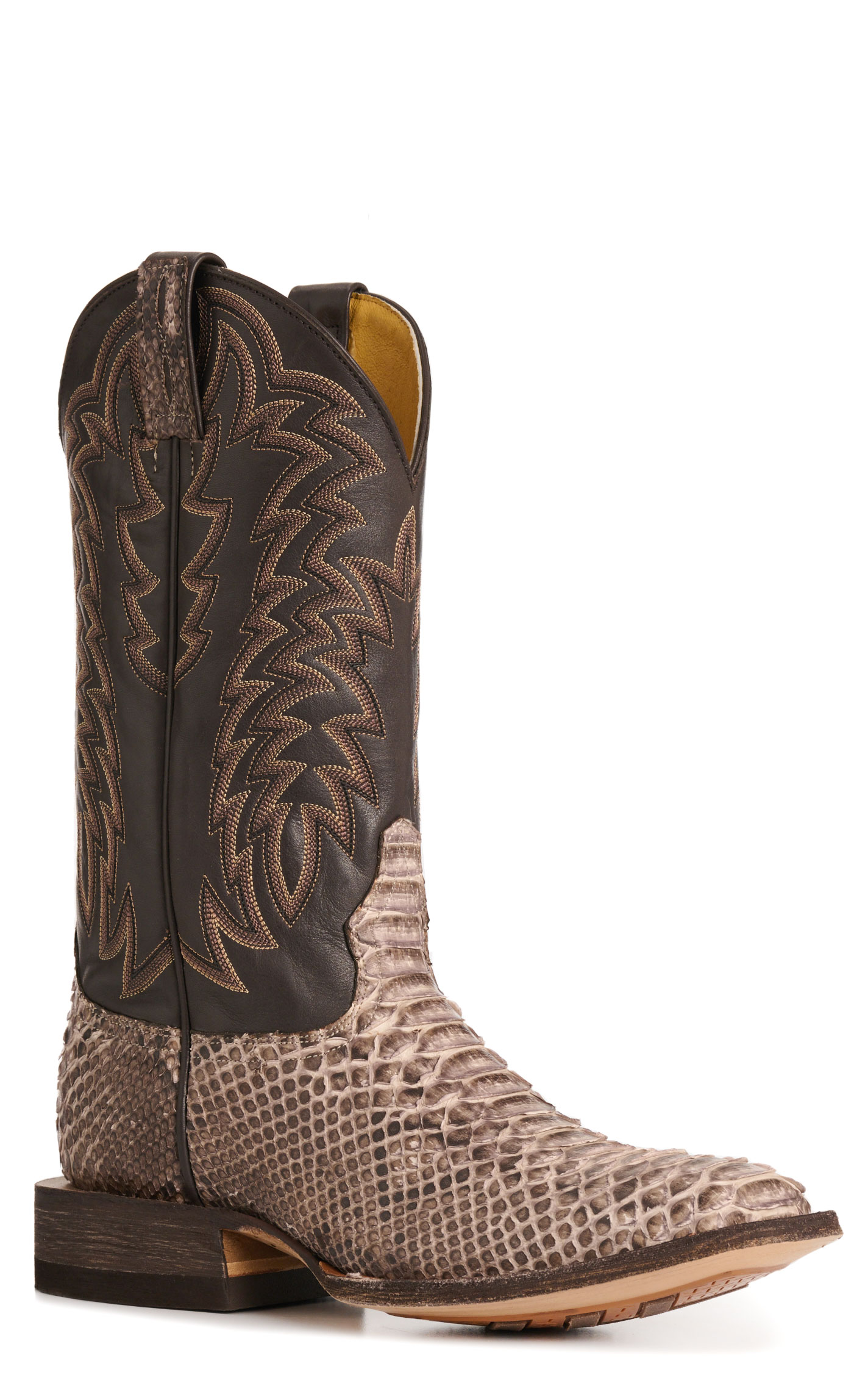 Cavender's Men's Endurance Natural Python and Chocolate Wide Square Toe Exotic Cowboy Boots - Image 1