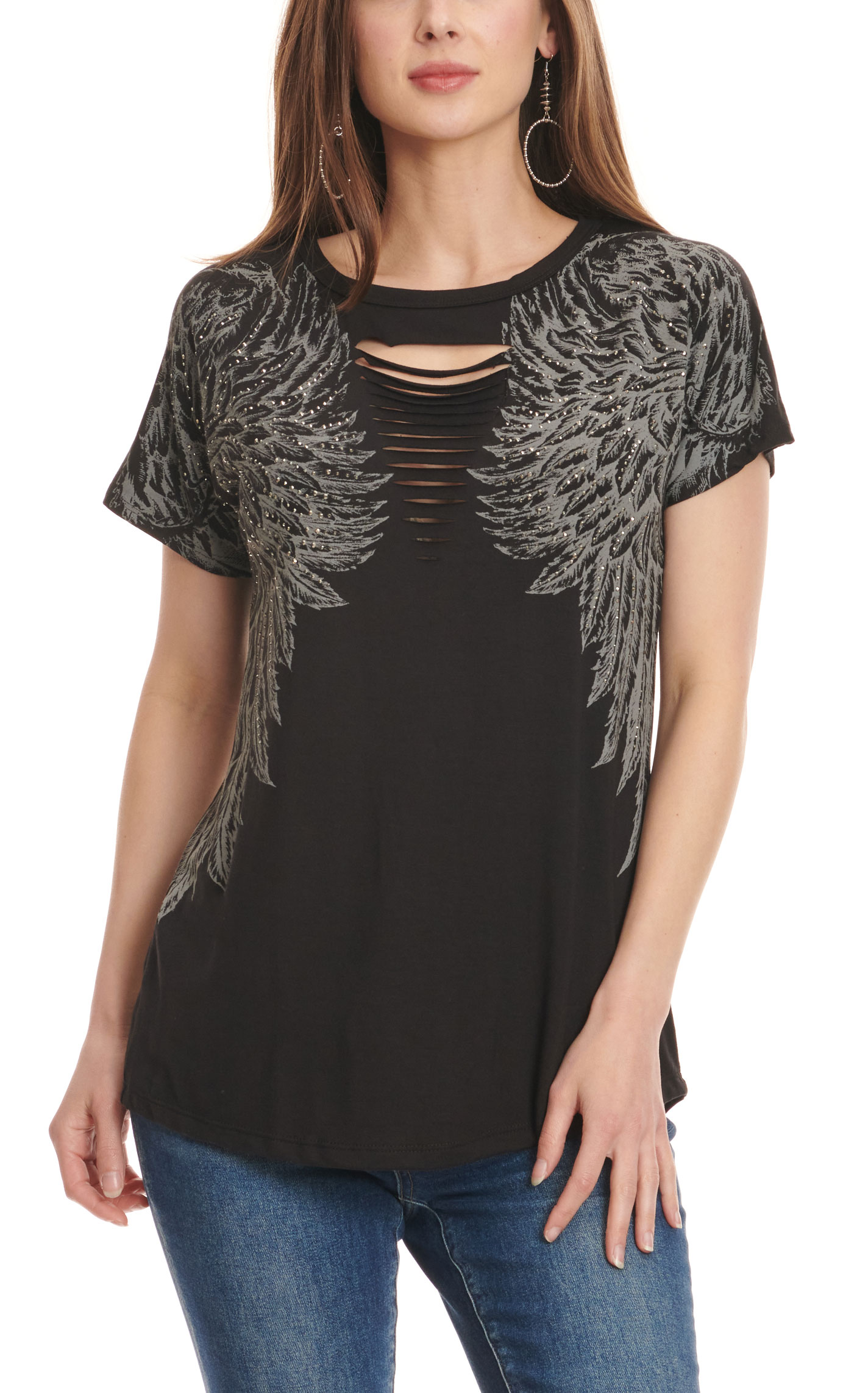 Liberty Wear Women's Black Bling Wings Shredded V Front Short Sleeve Top  - Image 3