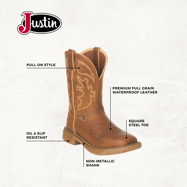 Justin Men's Rush Stampede Rustic Tan Waterproof Square Steel Toe Work Boot - Image 1