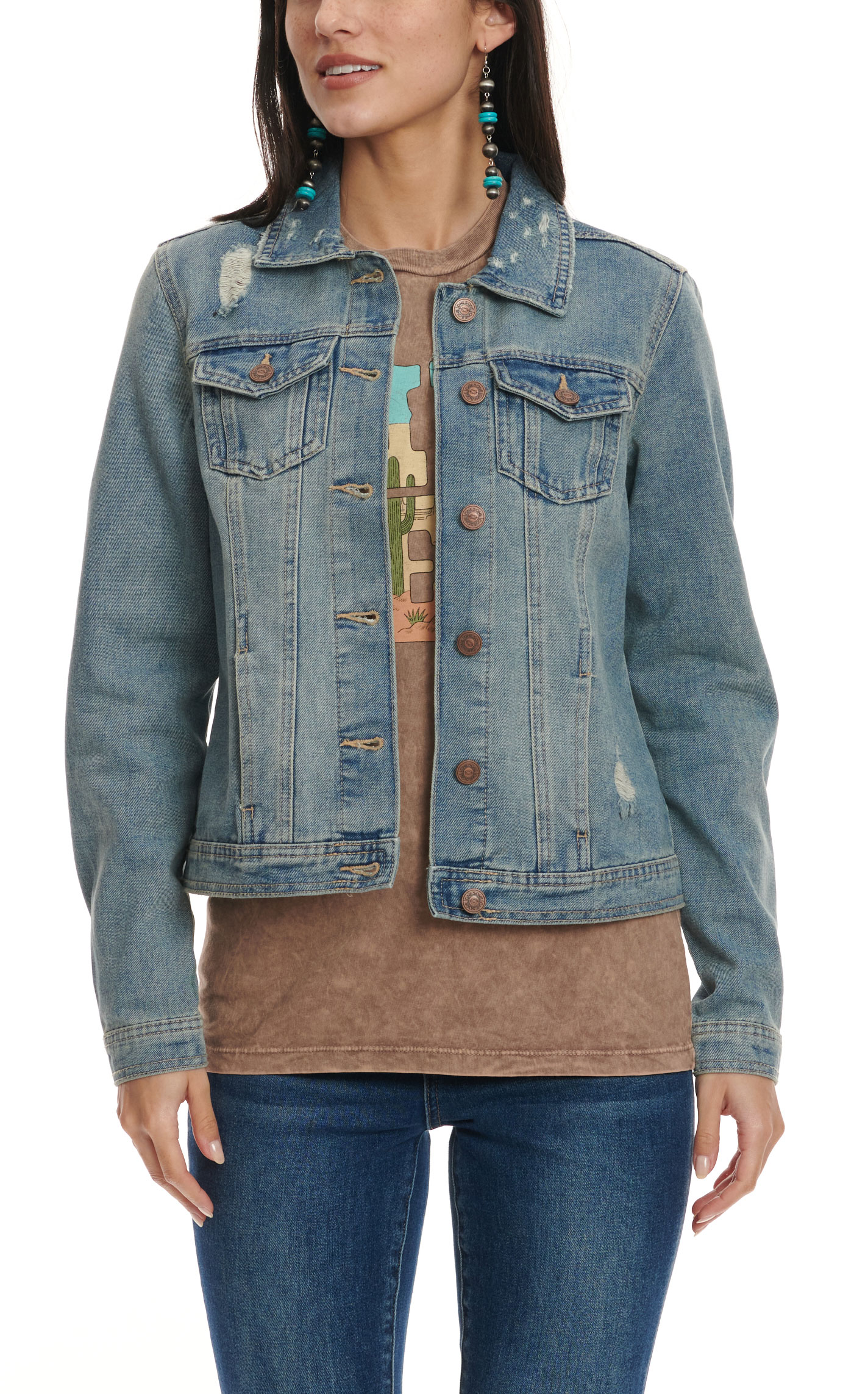 One5One Women's Light Stonewash Distressed Denim Jacket   - Image 1