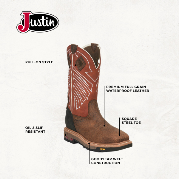 Justin Men's Vibram Commander X5 Roughneck Chestnut and Red Waterproof Square Steel Toe Work Boot - Image 1
