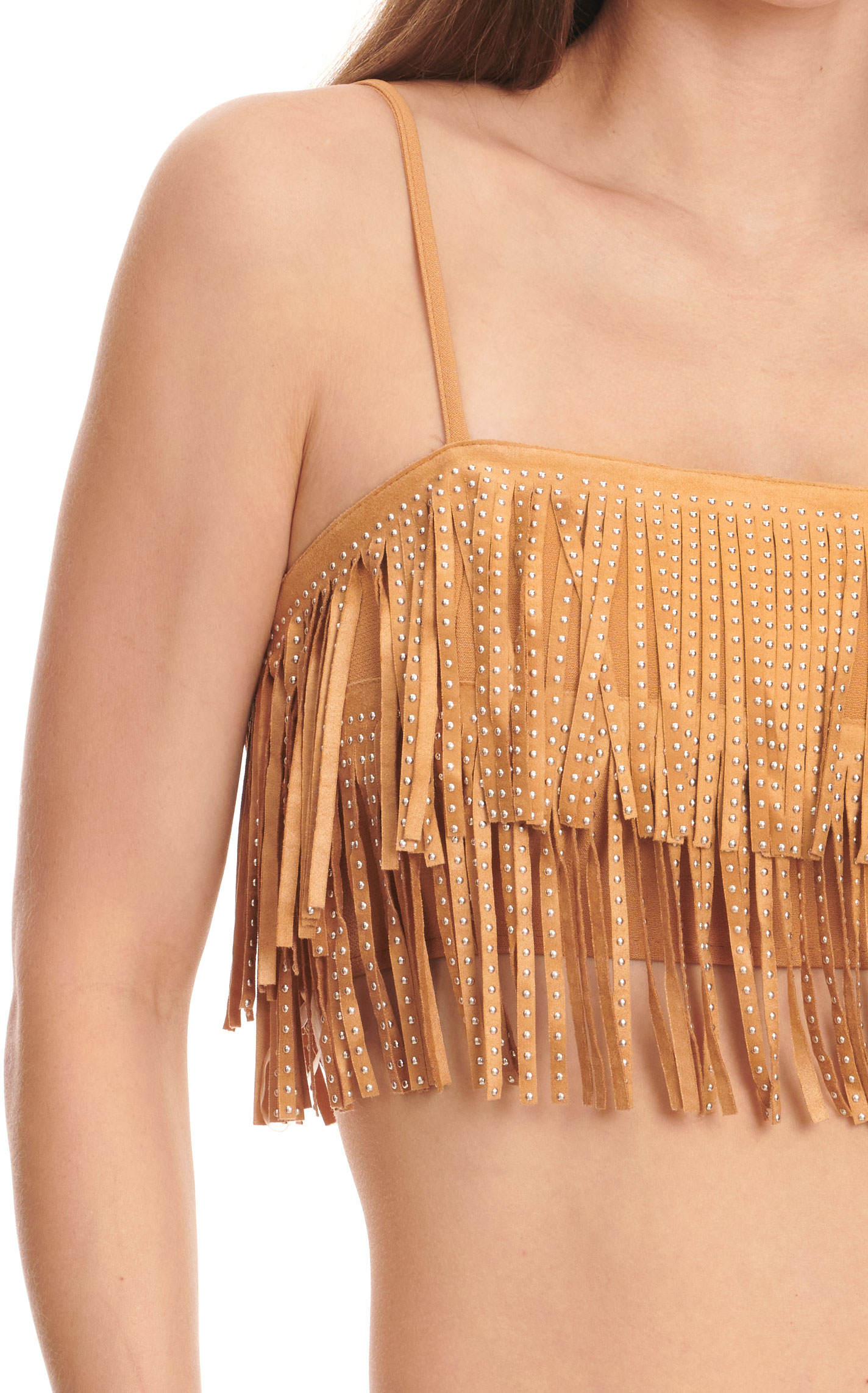Mainstrip Women's Caramel Tiered Studded Fringe Sleeveless Cropped Top  - Image 1