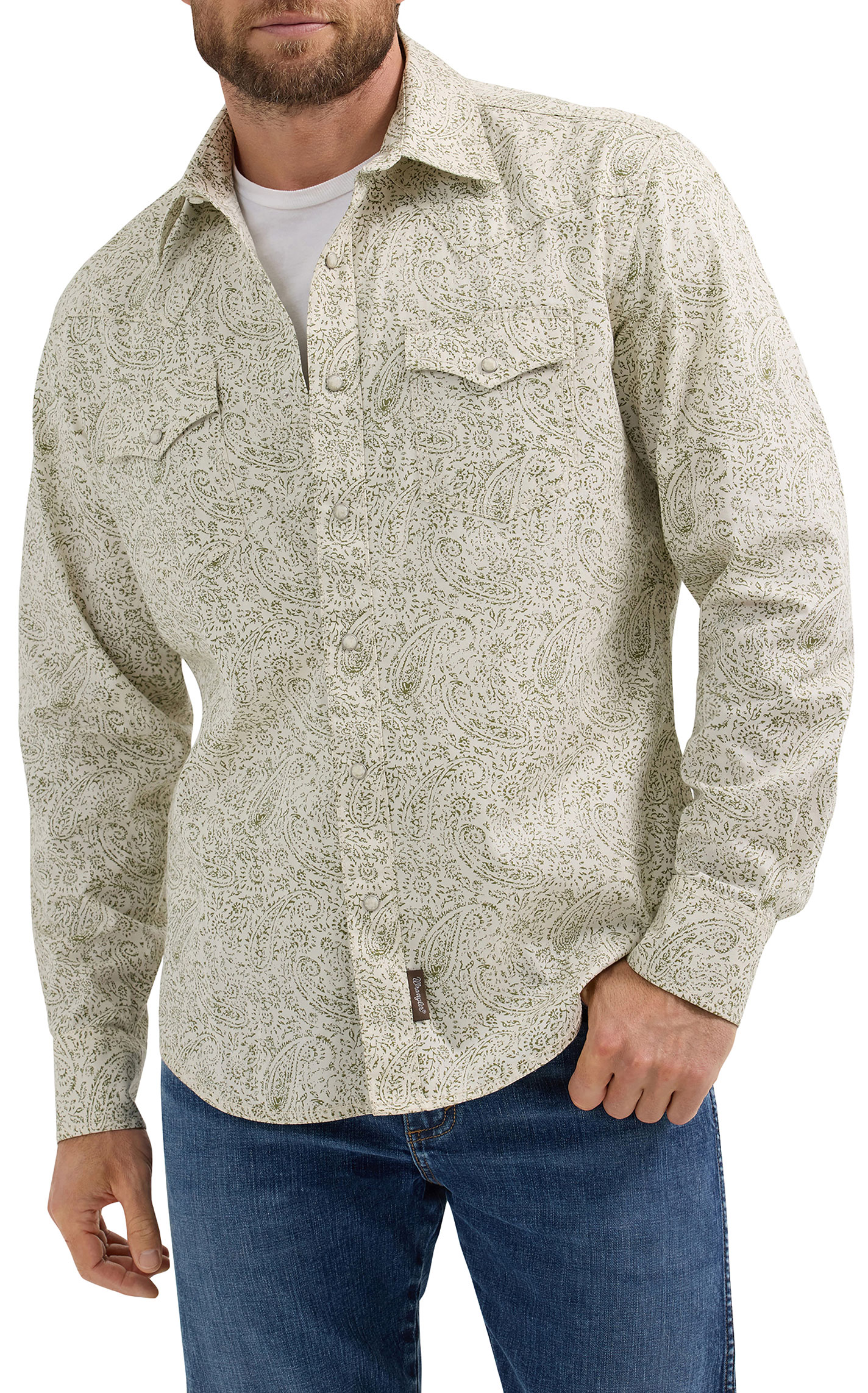 Wrangler Retro Men's Ecru & Olive Paisley Print Long Sleeve Western Shirt - Image 1