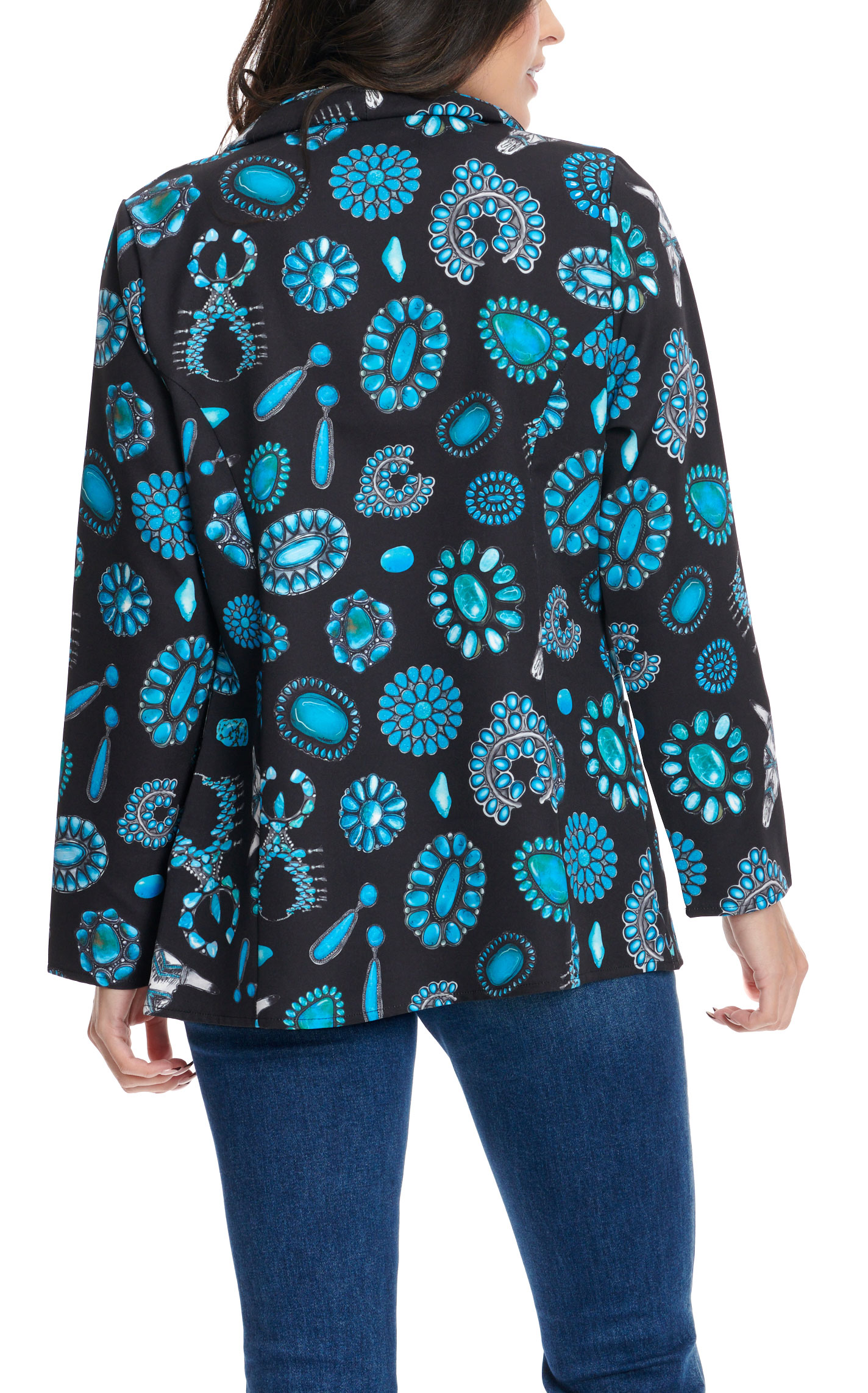 Nylon Women's Black with Turquoise Conchos Print Blazer - Image 1