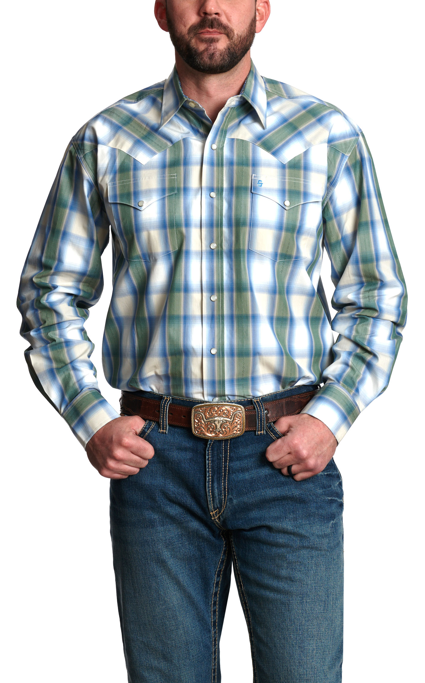 Stetson Men's Blue and Green Plaid Western Shirt - Image 1