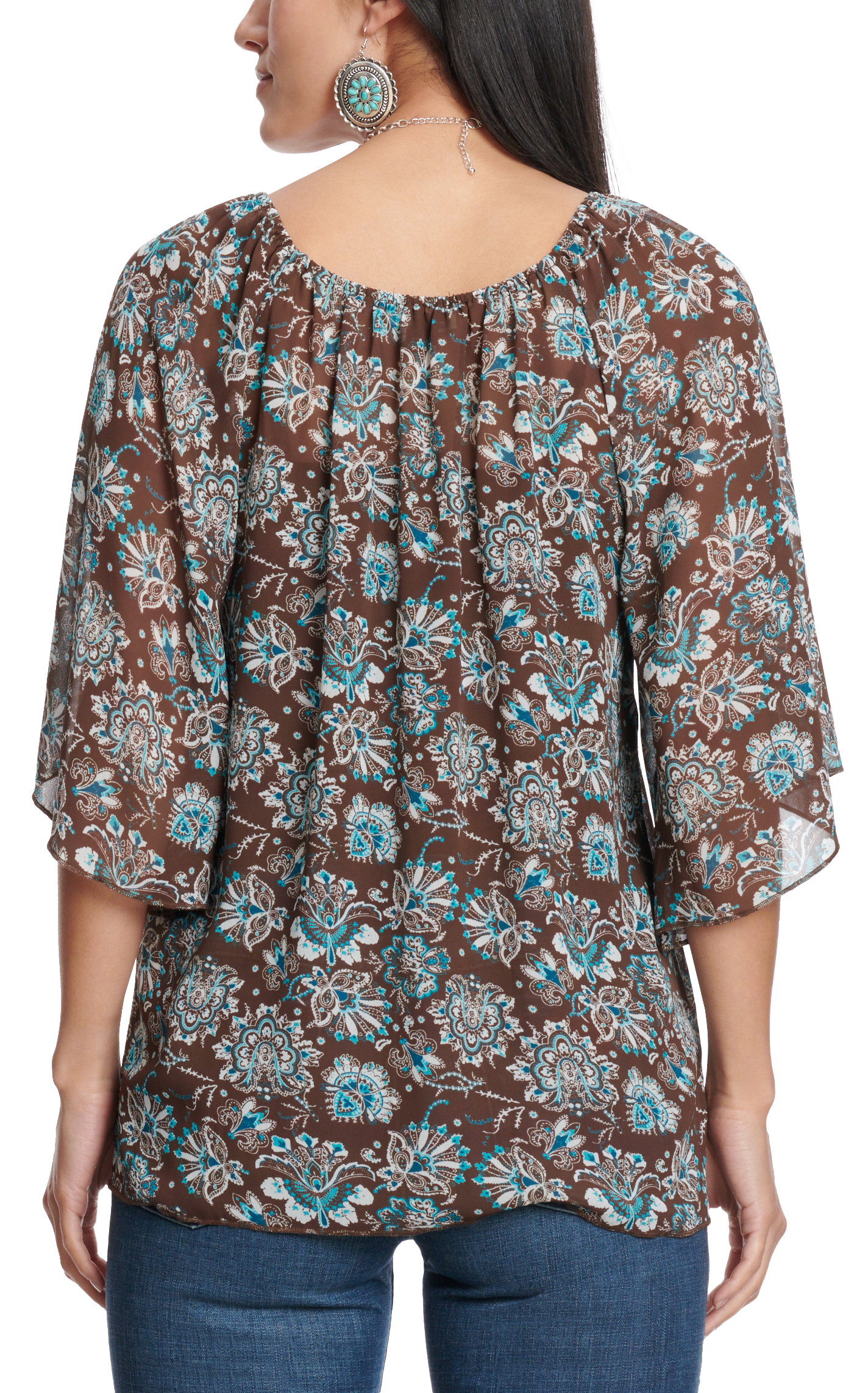 Cowgirl Hardware Women's Brown & Turquoise Peacock Paisley Chiffon Top  - Image 1