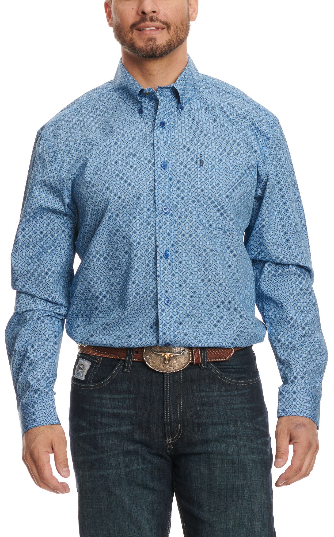Cinch Men's Navy & Royal Blue Geo Print Western Shirt - Image 1