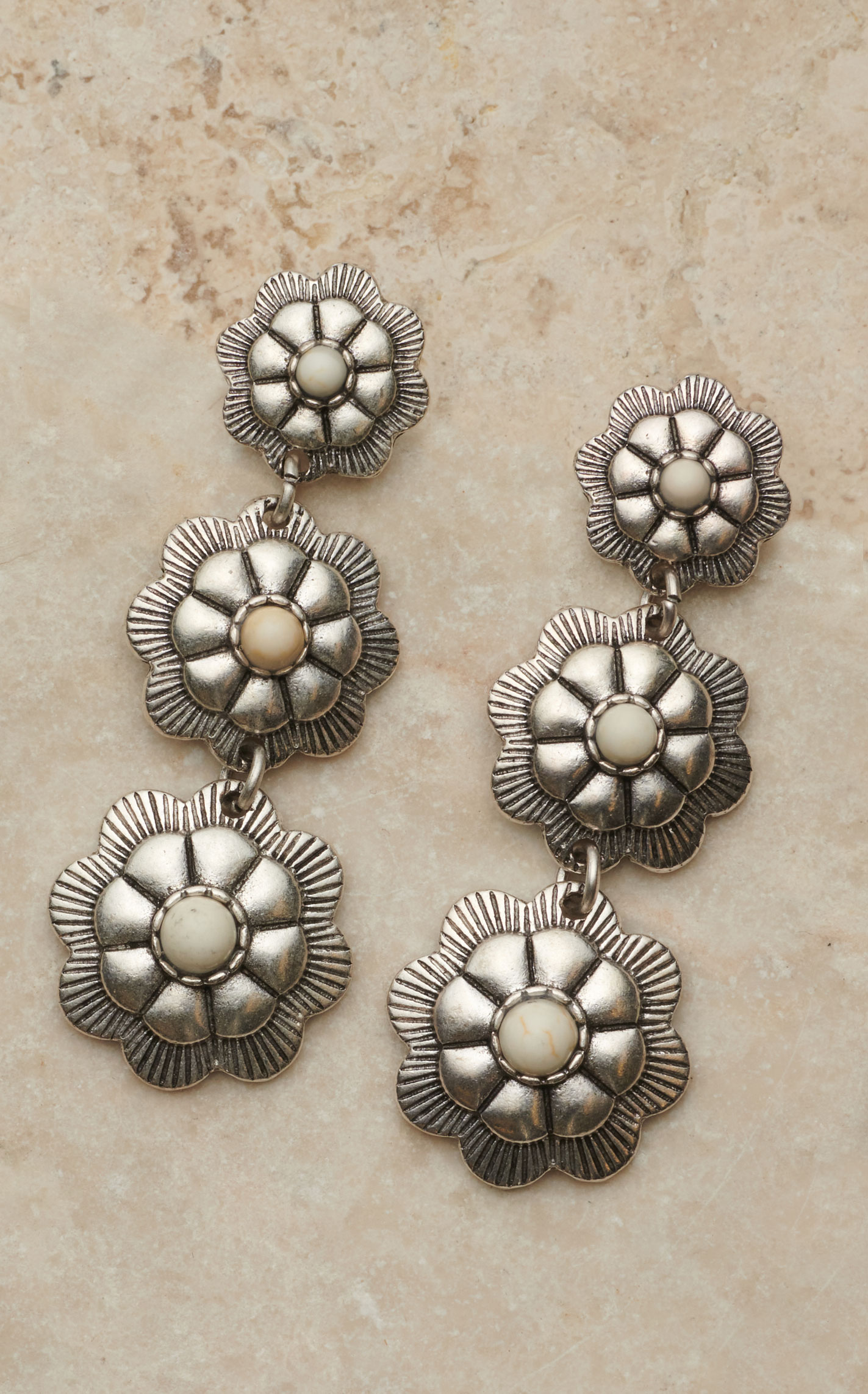 Rockin' C Women's 3 Silver Cream Center Flower Concho Dangle Earrings - Image 1