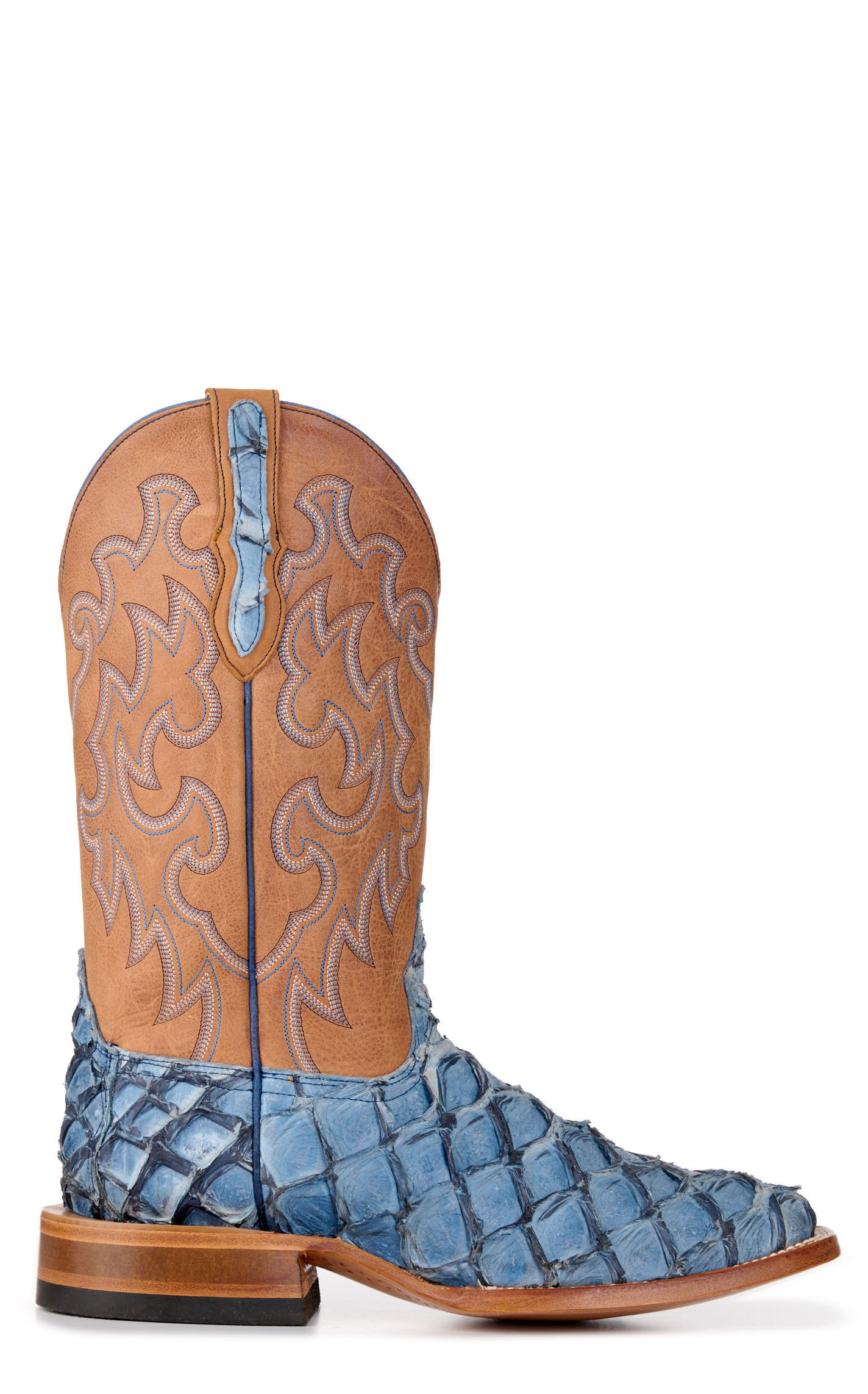 Cavender’s Men’s Blue Pirarucu and Brass Wide Square Toe Exotic Cowboy Boots - Image 1