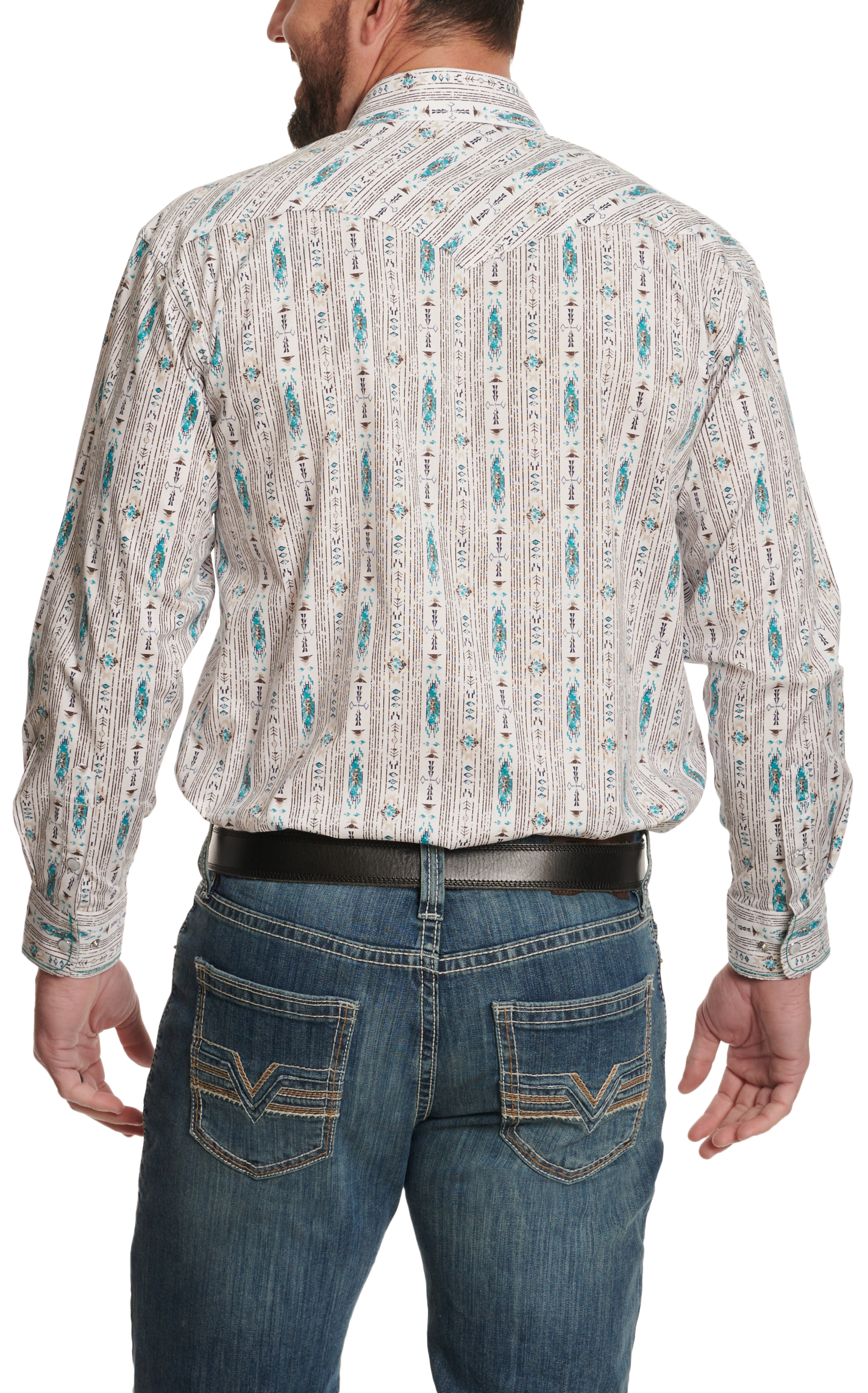 Panhandle Men's Rough Stock White & Turquoise Aztec Western Shirt - Image 1