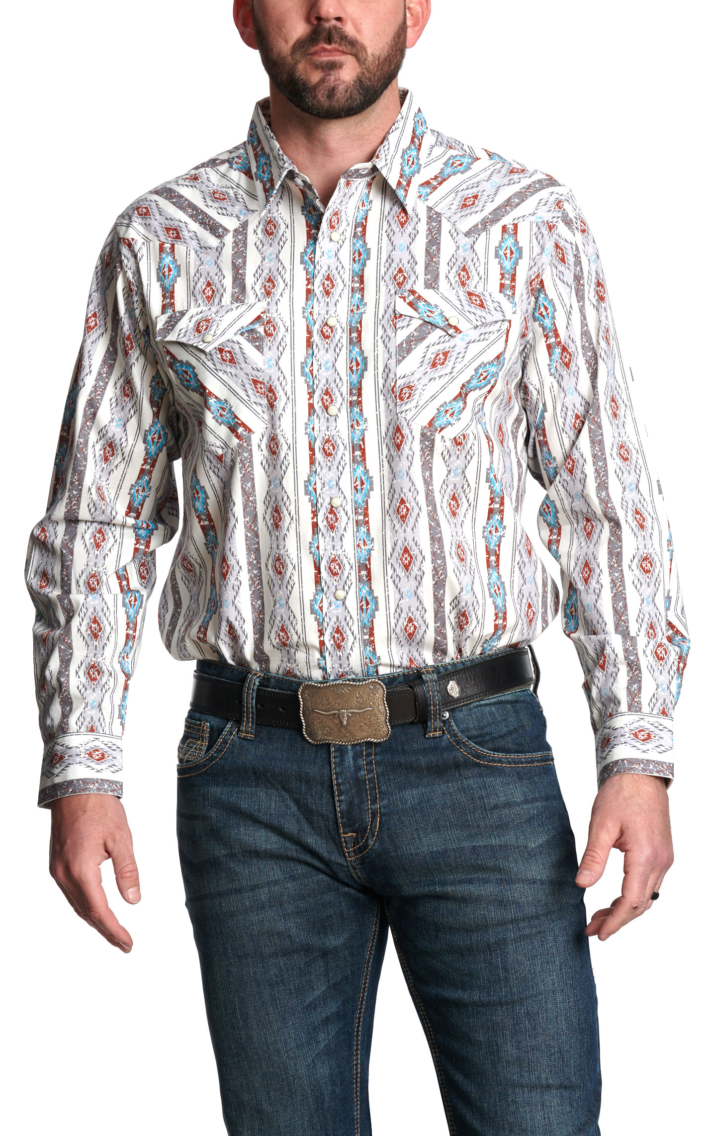 Panhandle Men’s Gray, Turquoise, and Rust Aztec Western Shirt - Image 1