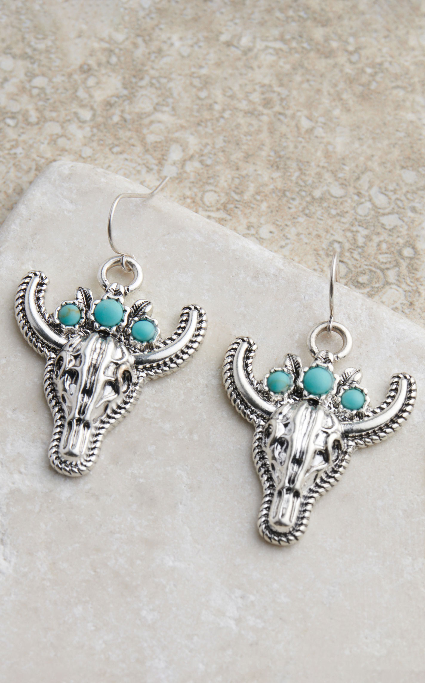 Justin Etched Silver Skull & Turquoise Crown Earrings - Image 1