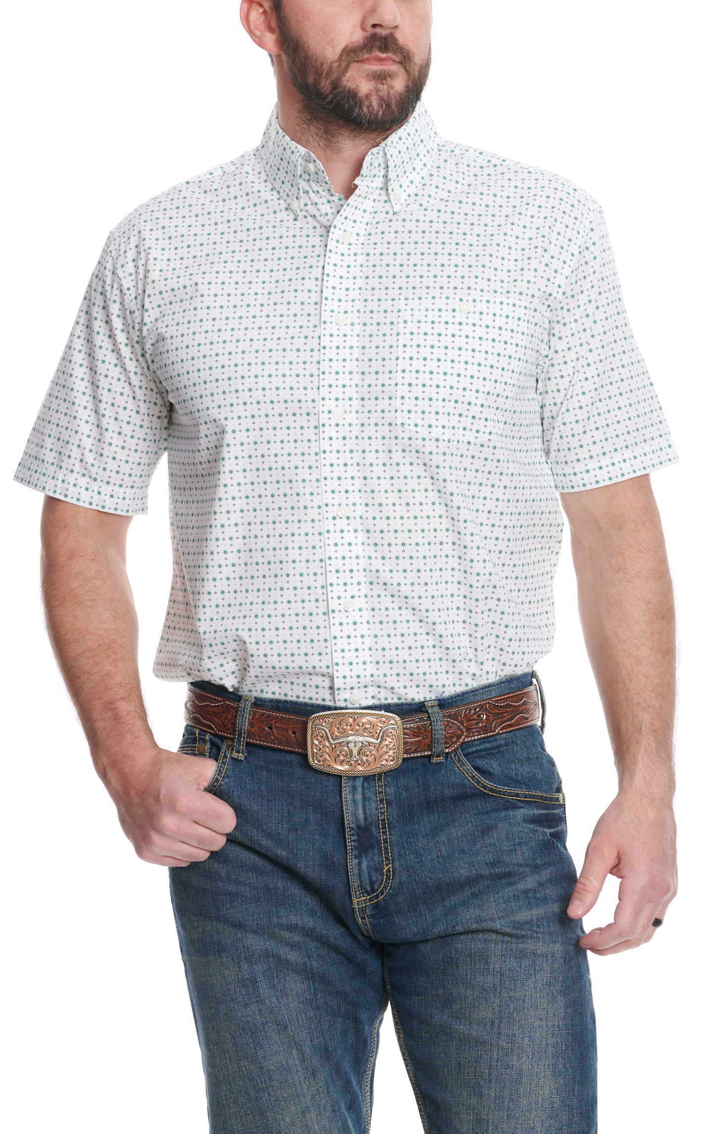 Wrangler Men's Spring Green & Black Geo Print Relaxed Fit Western Shirt - Image 1