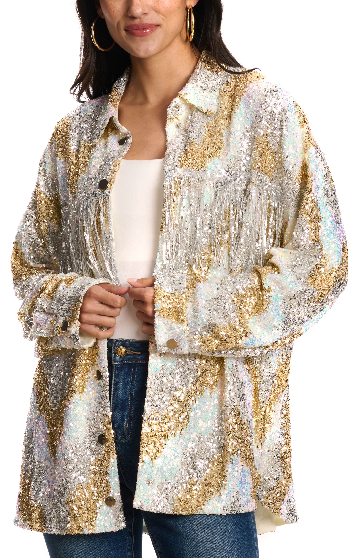 Miss Me Women's Gold & Iridescent Sequin Fringed Jacket - Image 1