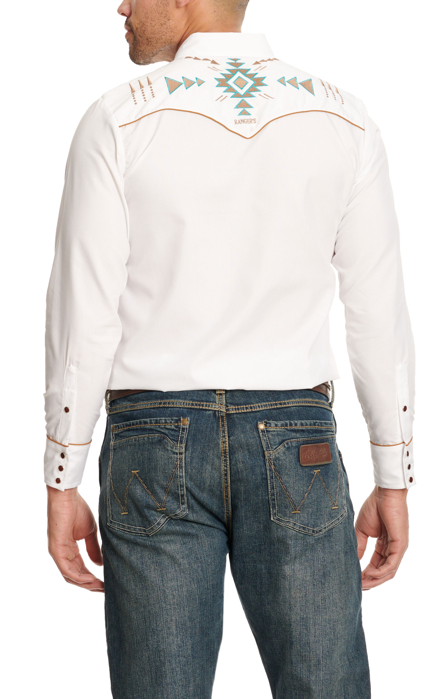 Ranger's Legend Men's White & Turquoise Antique Aztec Embroidery Long Sleeve Western Shirt - Image 1