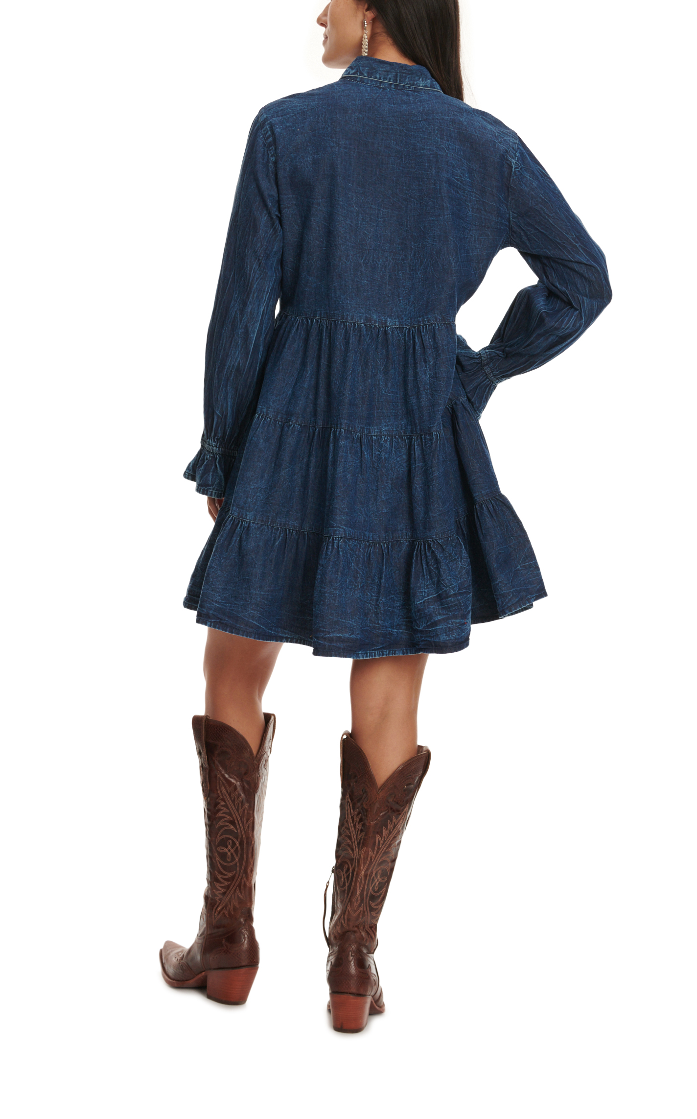 Rockin C Women's Dark Wash Denim Blue Long Sleeve Tiered Dress - Image 1