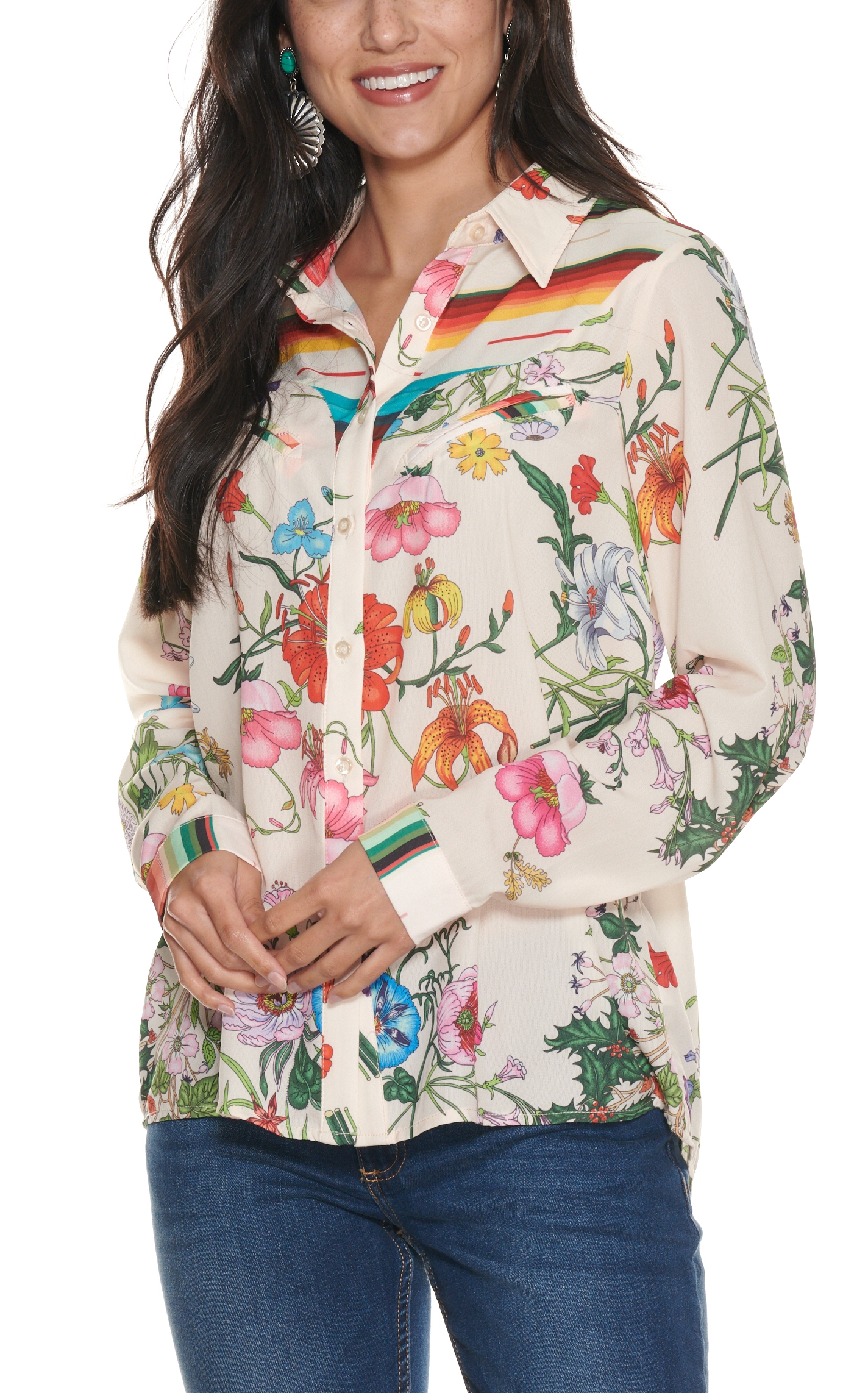 Fashion Express Women's Ivory Floral and Serape Print Chiffon Top - Image 1