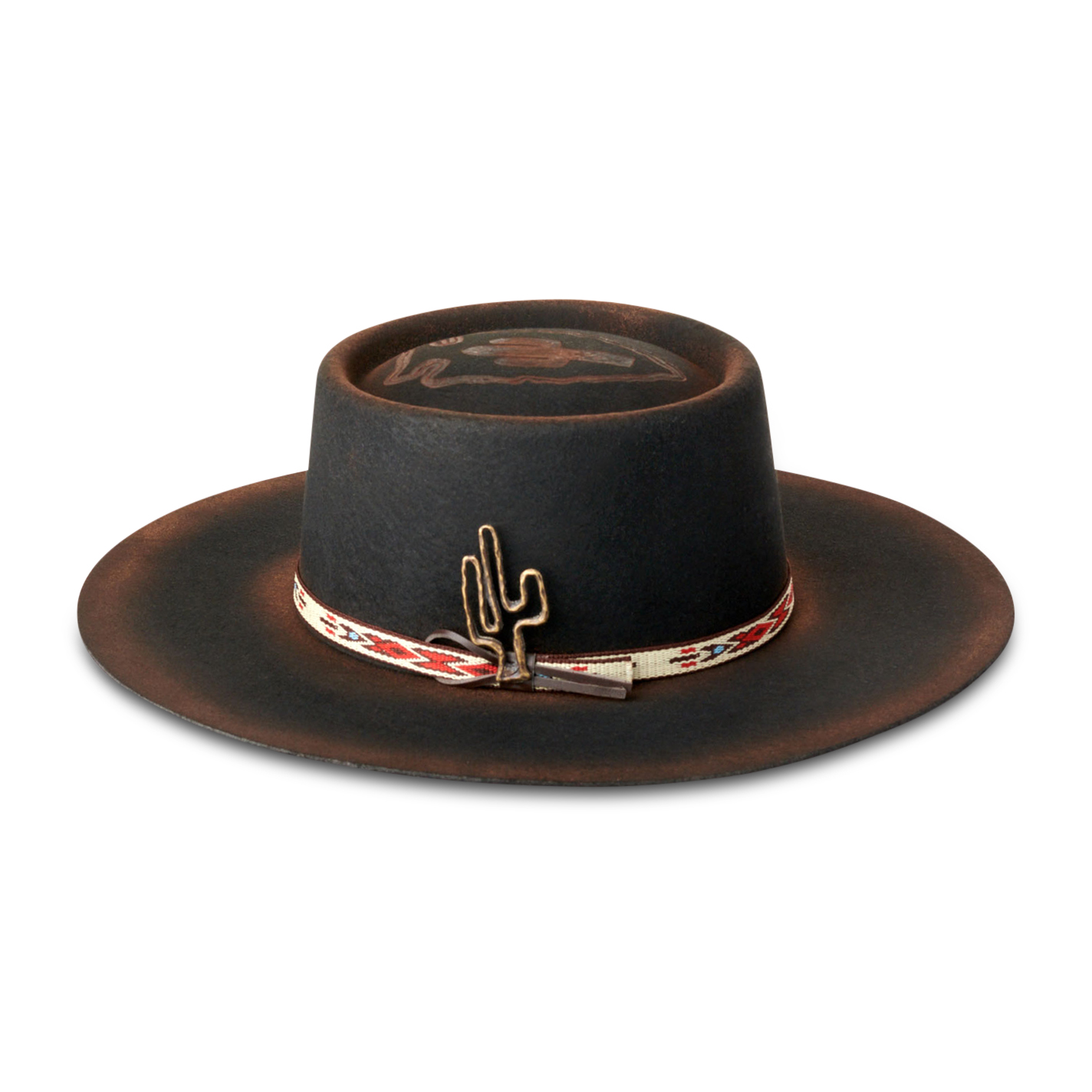 Rockin' C Women's Burned Black Arrowhead with Cactus Pin and Aztec Ribbon Band Wool Hat - Image 4
