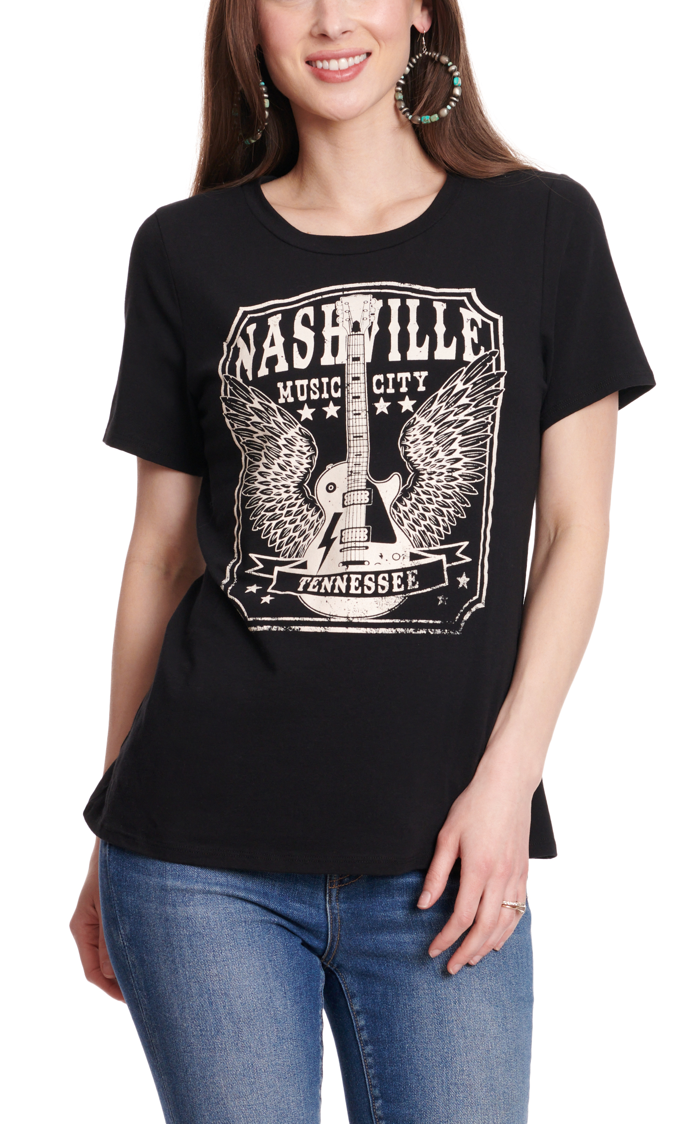 R.Rouge Women's Black & Cream Nashville Music City Graphic Short Sleeve T-Shirt - Image 1