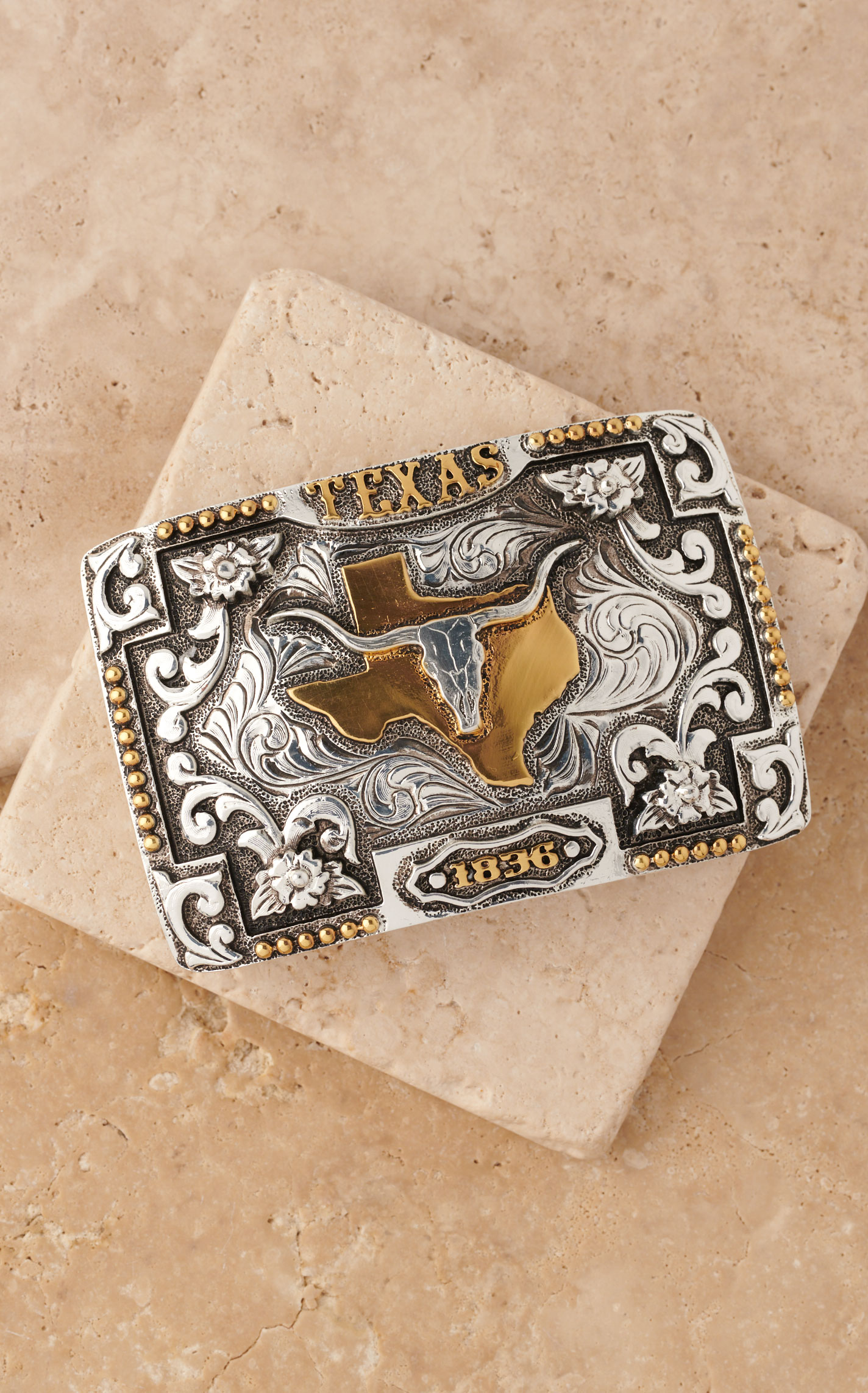 AndWest Etched Silver Longhorn Skull Filigree Gold Texas Belt Buckle - Image 1