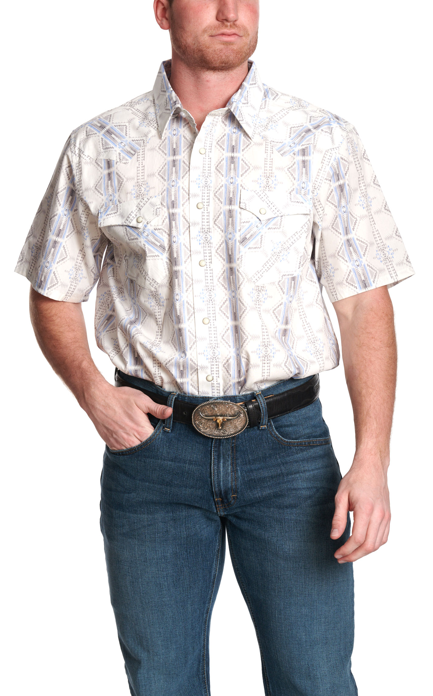 Panhandle Slim Men's Cream & Multi Aztec Print Short Sleeve Western Shirt - Image 1