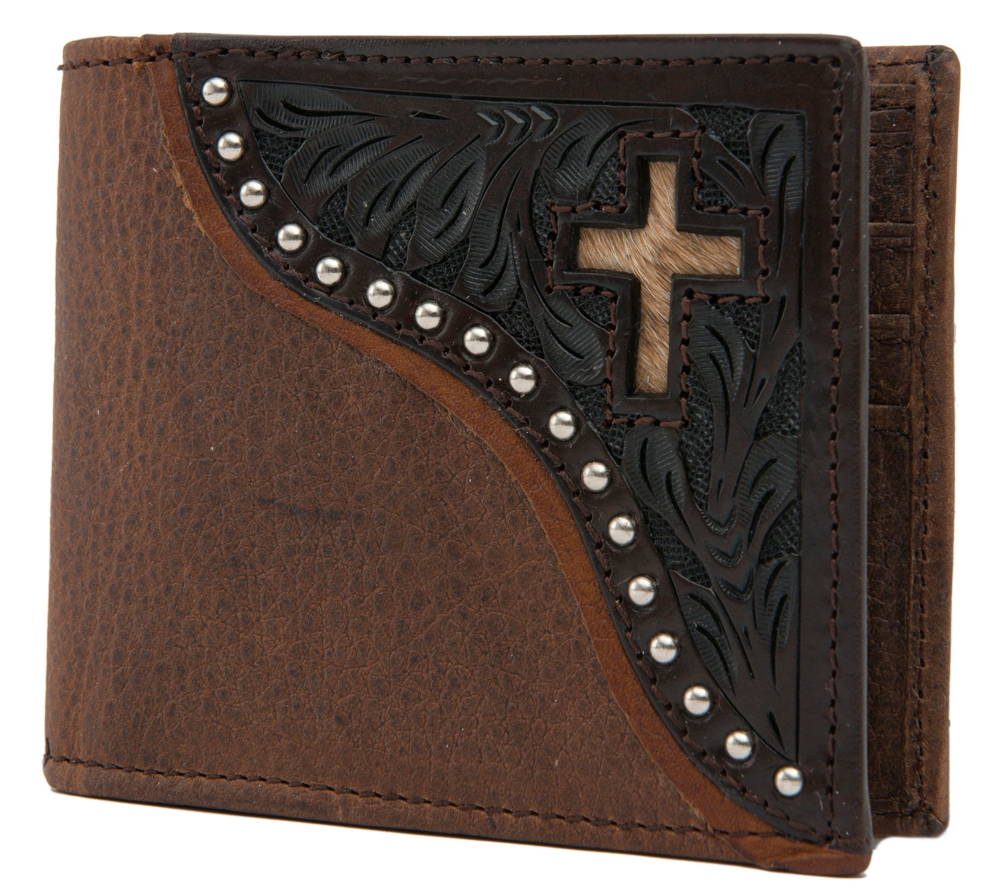 Ranger Belt Company Men's Distressed Brown with Dark Tooling & Cross Inlay Bi-fold Wallet - Image 1