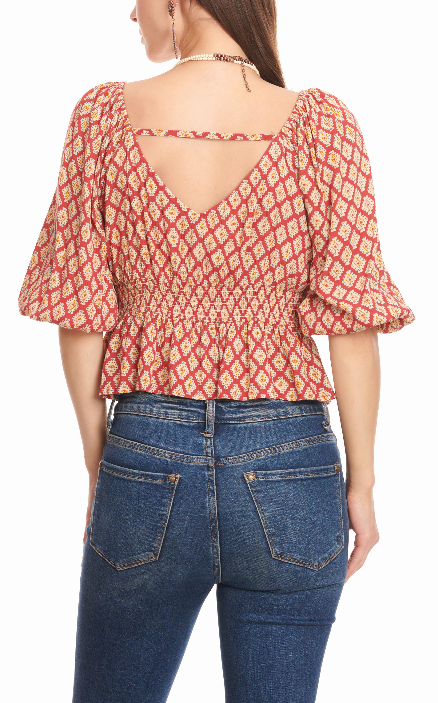 Rockin C Women's Salmon & Aztec Diamond Print short Angel Sleeve Top - Image 1