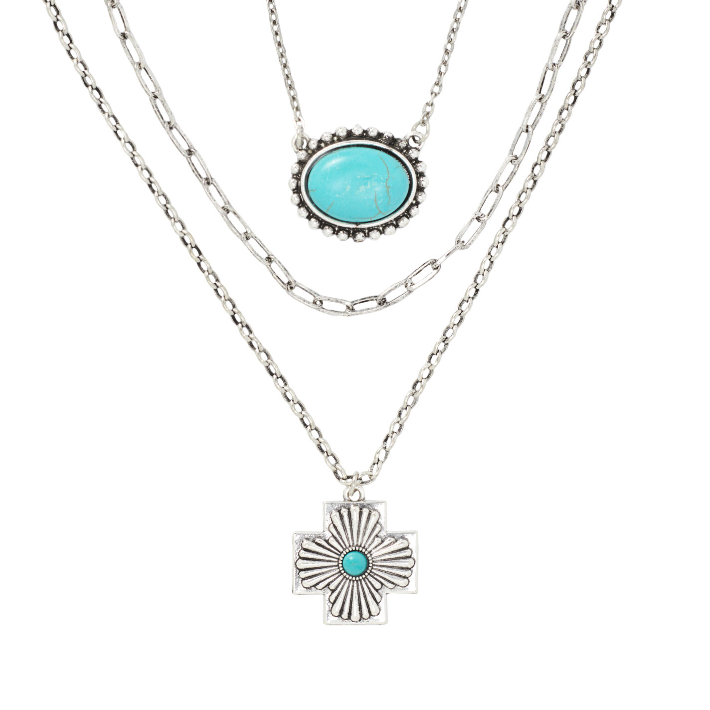 Southern Grace 3 Strand Silver & Turquoise Cross Pendant Necklace - Image 2