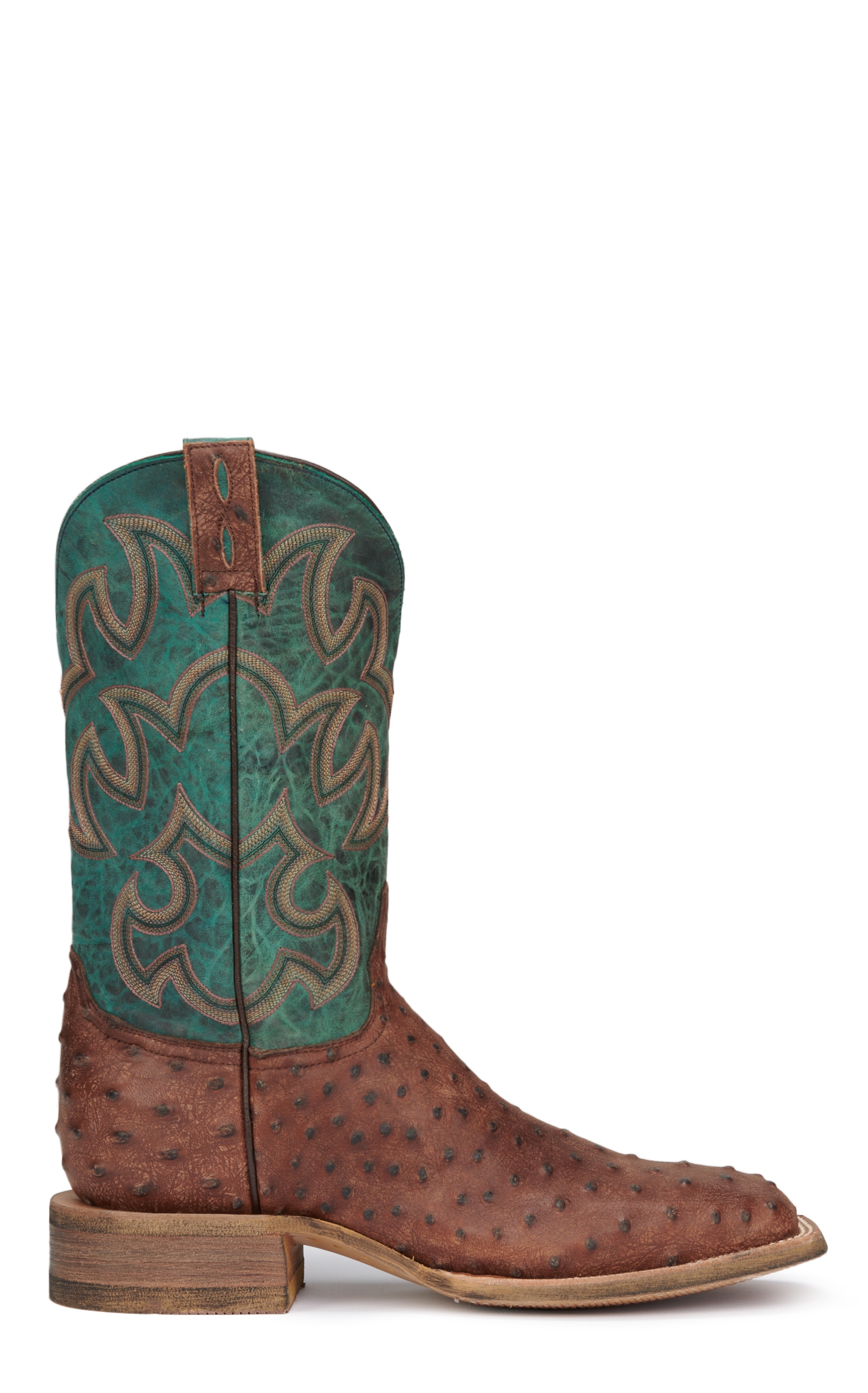 Cavender's Men's Rustic Chocolate & Turquoise Ostrich Print Wide Square Toe Cowboy Boots - Image 1