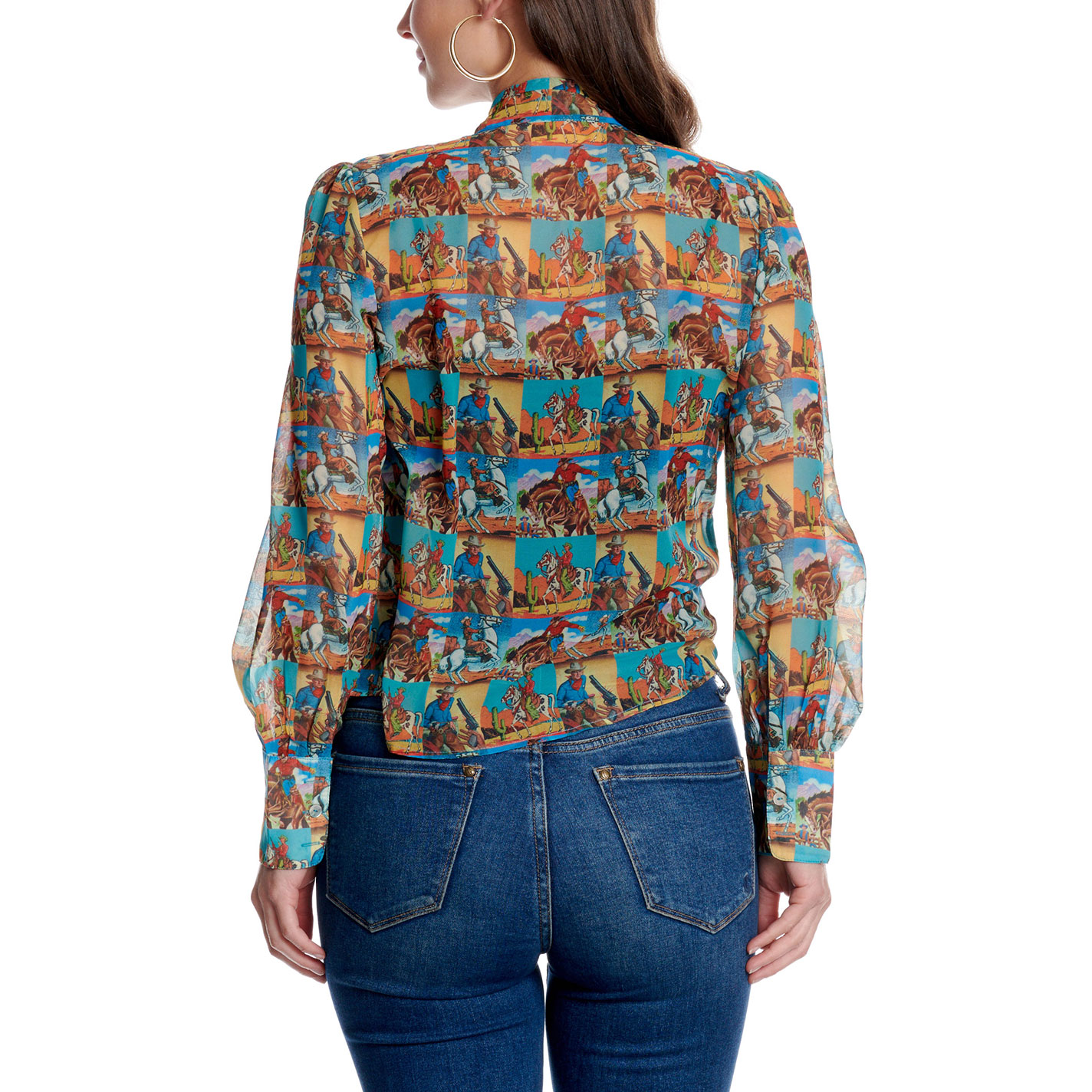 Howdy Hanny Women's Teal Cowboy Pop Art Tie Neck Top - Image 1