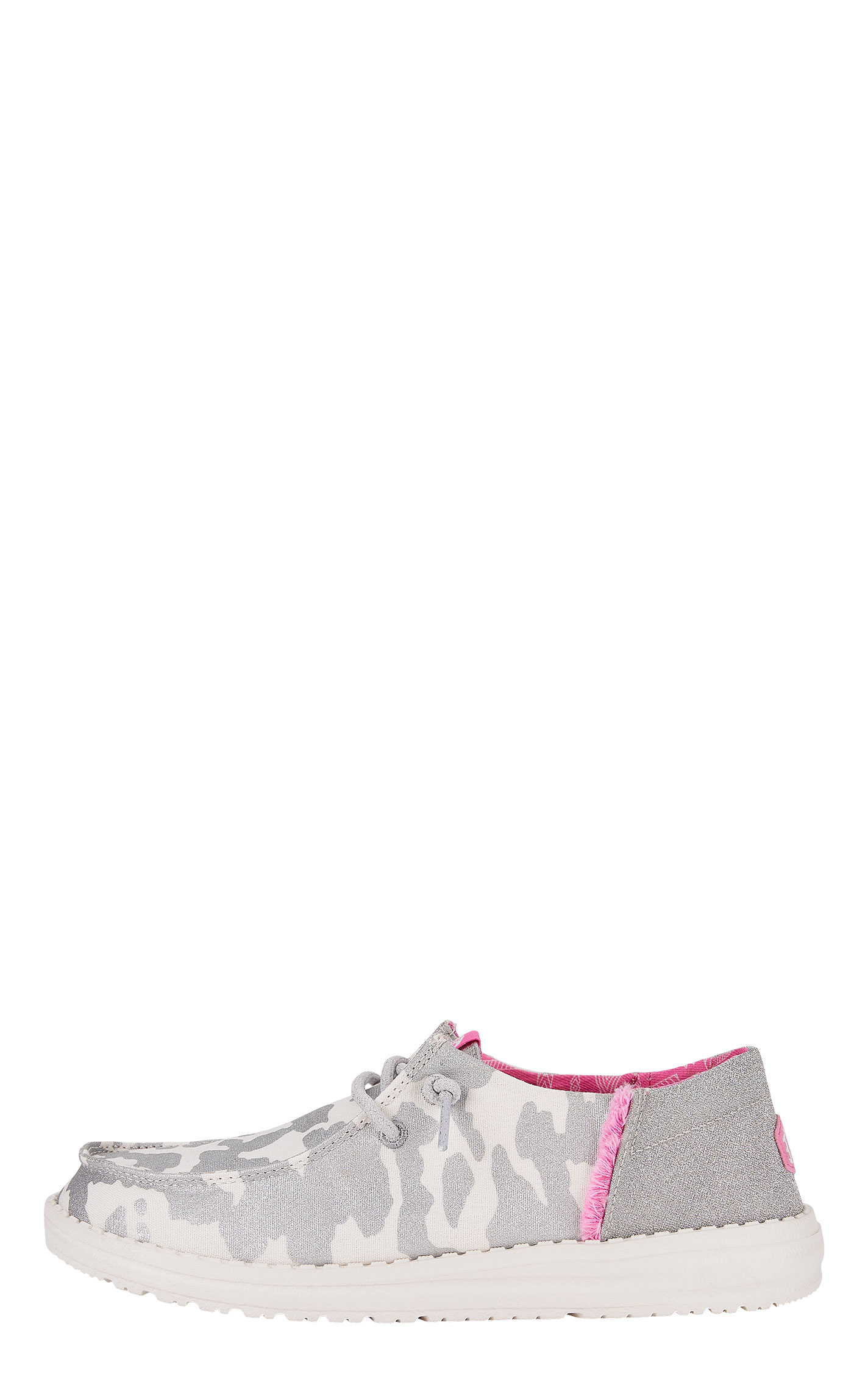 Hey Dude Women’s Wendy Funk Cow White, Silver and Pink Casual Shoes - Image 1