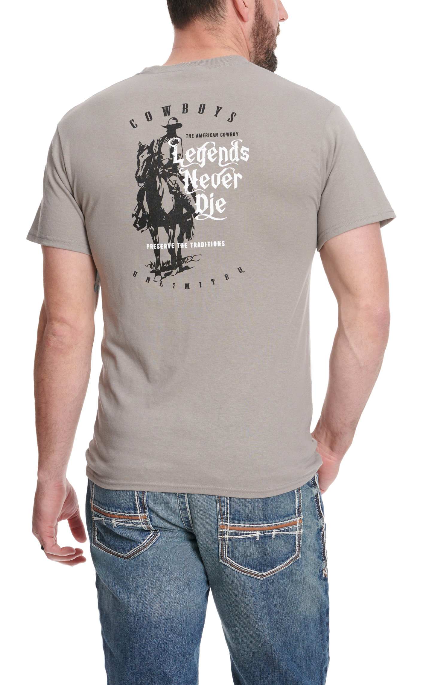 Moss Brothers Cowboys Unlimited Men's Gray Legends Never Die Short Sleeve T-Shirt - Image 1