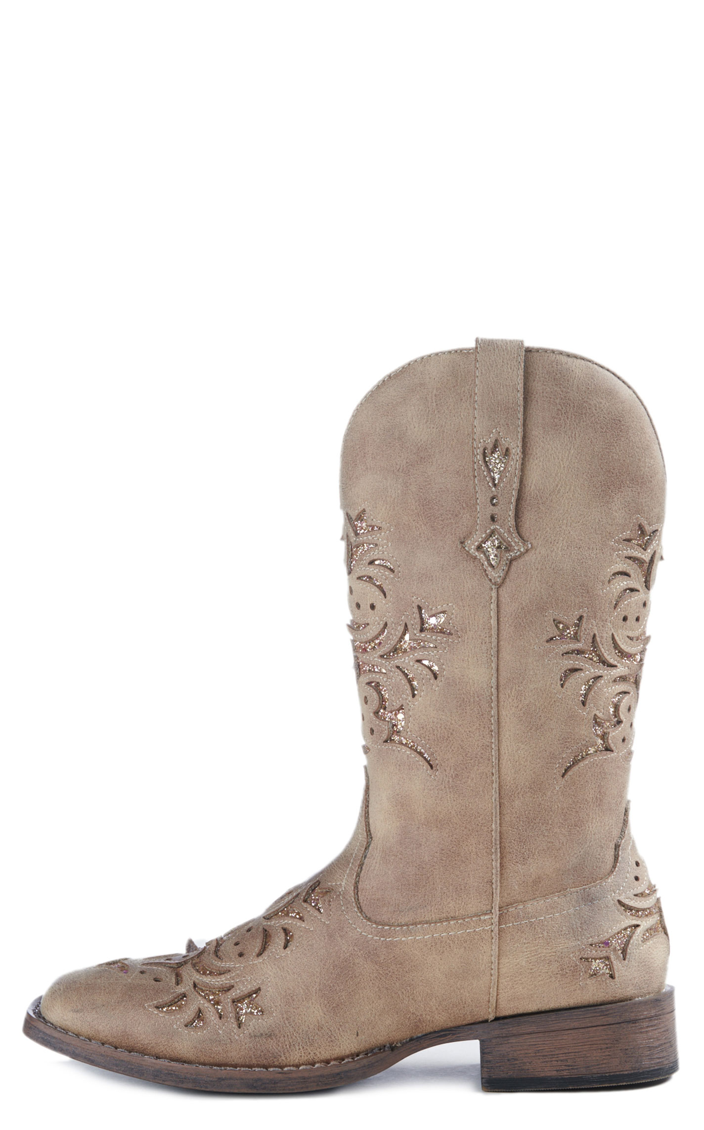Roper Women's Tan Faux Leather with Gold Glitter Inlay Square Toe Cowboy Boot - Image 1
