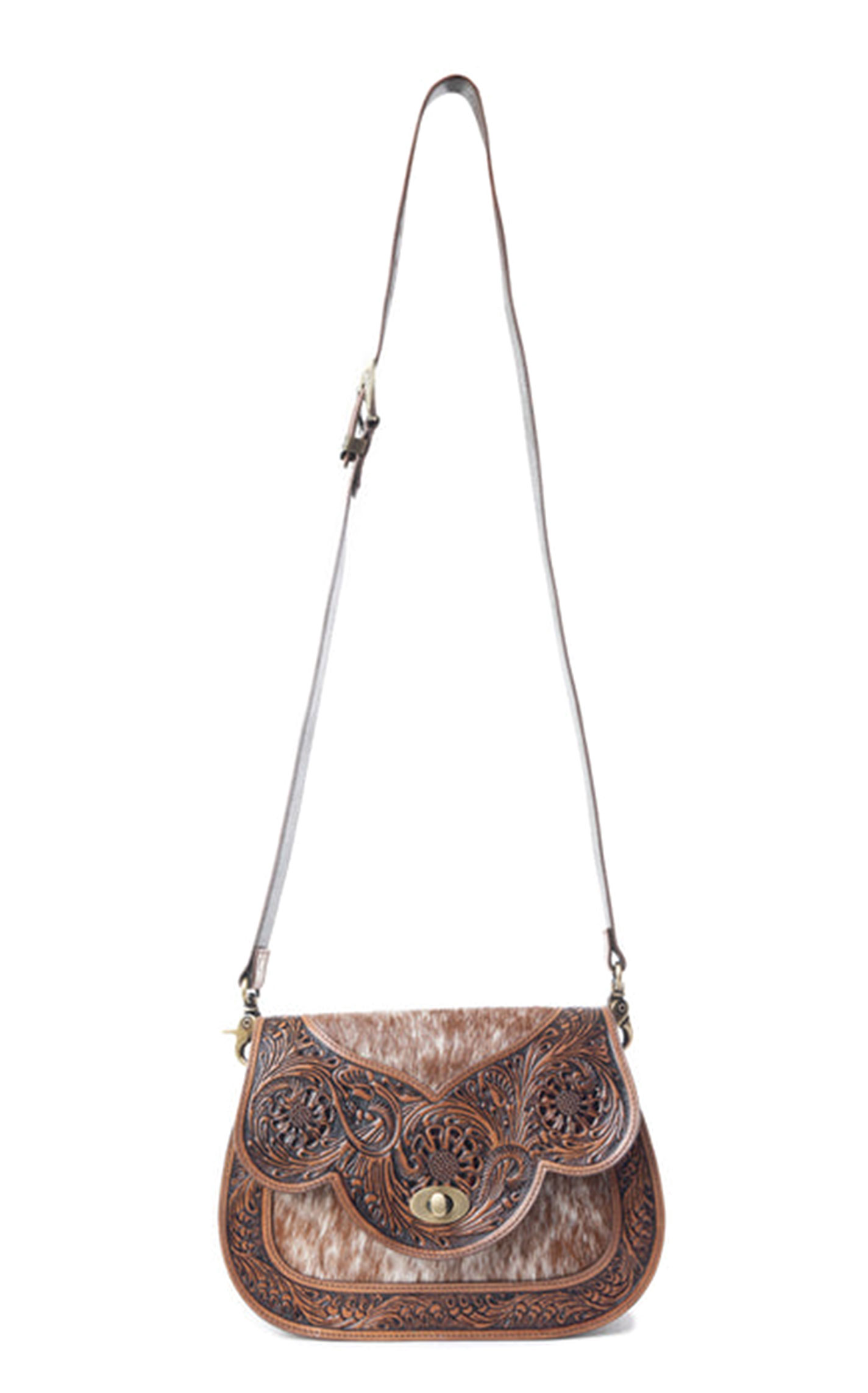 Myra Bag Brown Hair on & Tooled Leather Scalloped Flap Shoulder Bag - Image 1