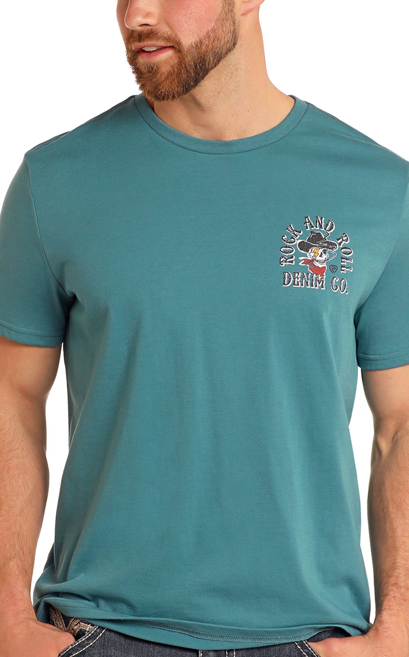 Rock & Roll Denim Men's Teal Cowboy Skull Logo Graphic T-Shirt - Image 1