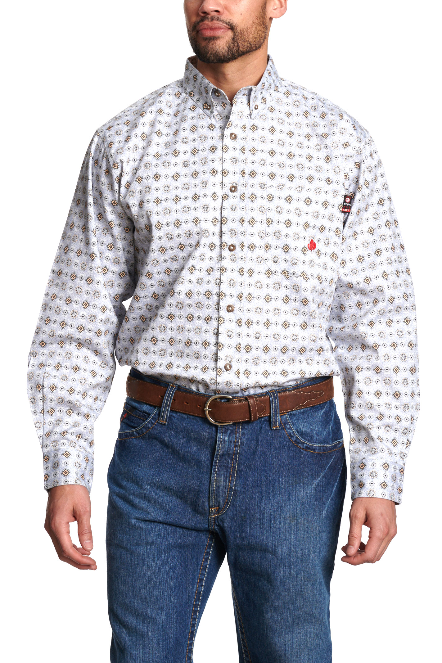 Forge Men's White & Brown Blue Print Flame Resistant Work Shirt - Image 1
