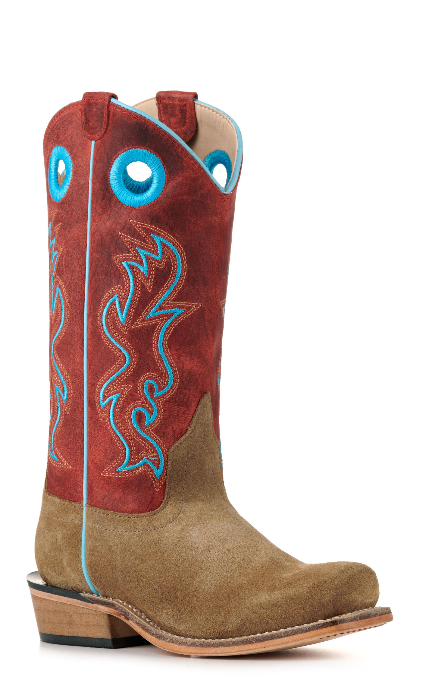 Old West Kids Camel Suede and Red Punchy Square Toe Cowboy Boots - Image 1