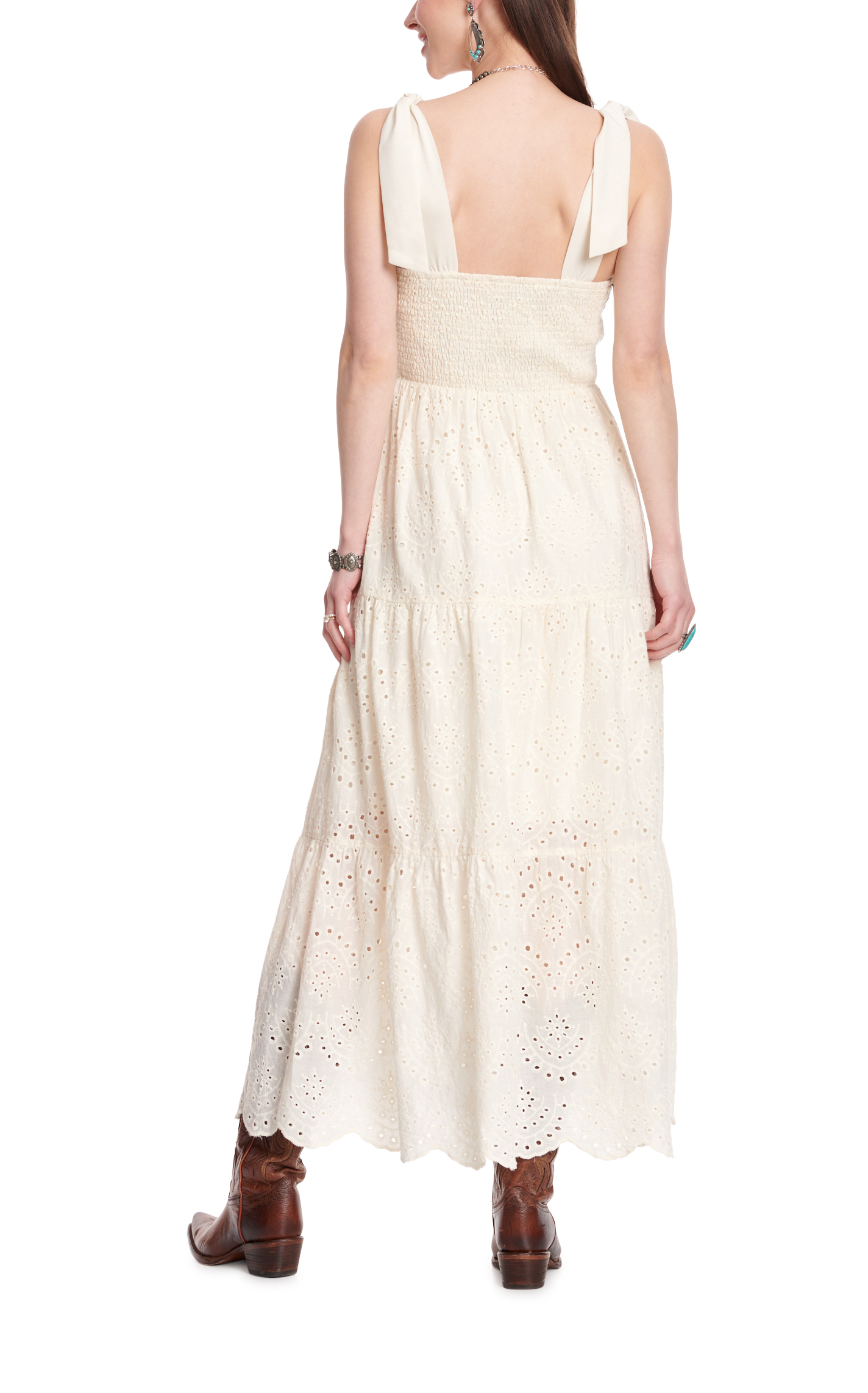 Rockin' C Women's Cream Eyelet Smocked Wide Strap Sundress - Image 1