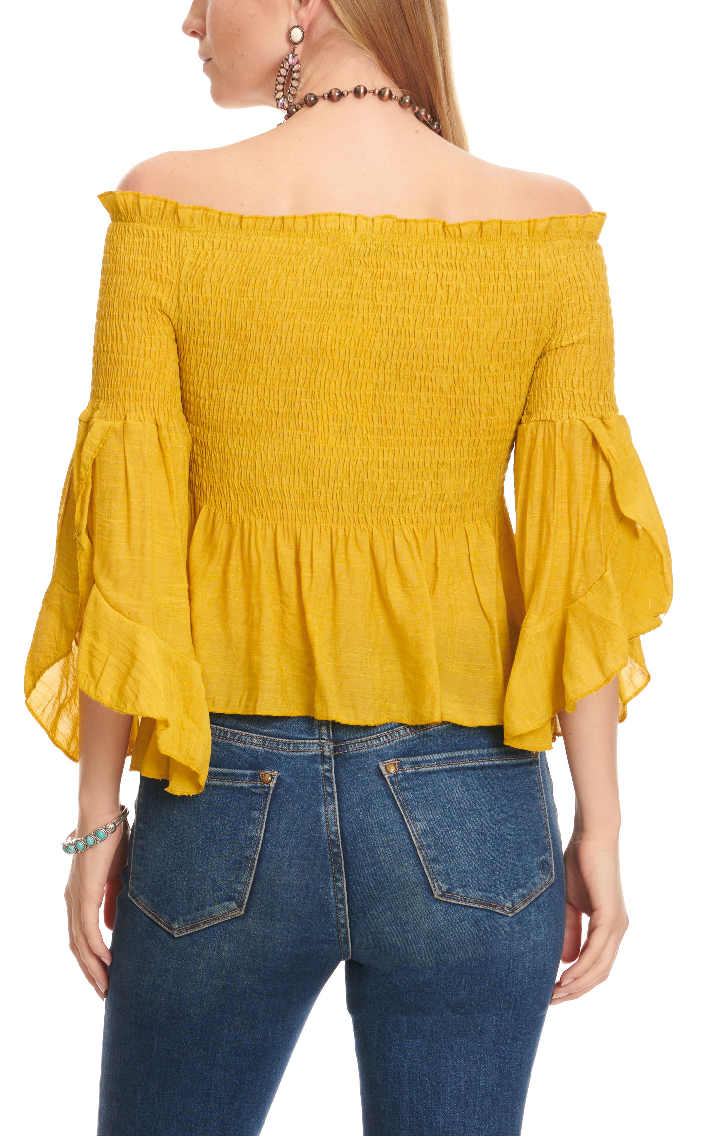Fashion Express Women's Mustard Smocked Off the Shoulder Long Bell Sleeve Top  - Image 1