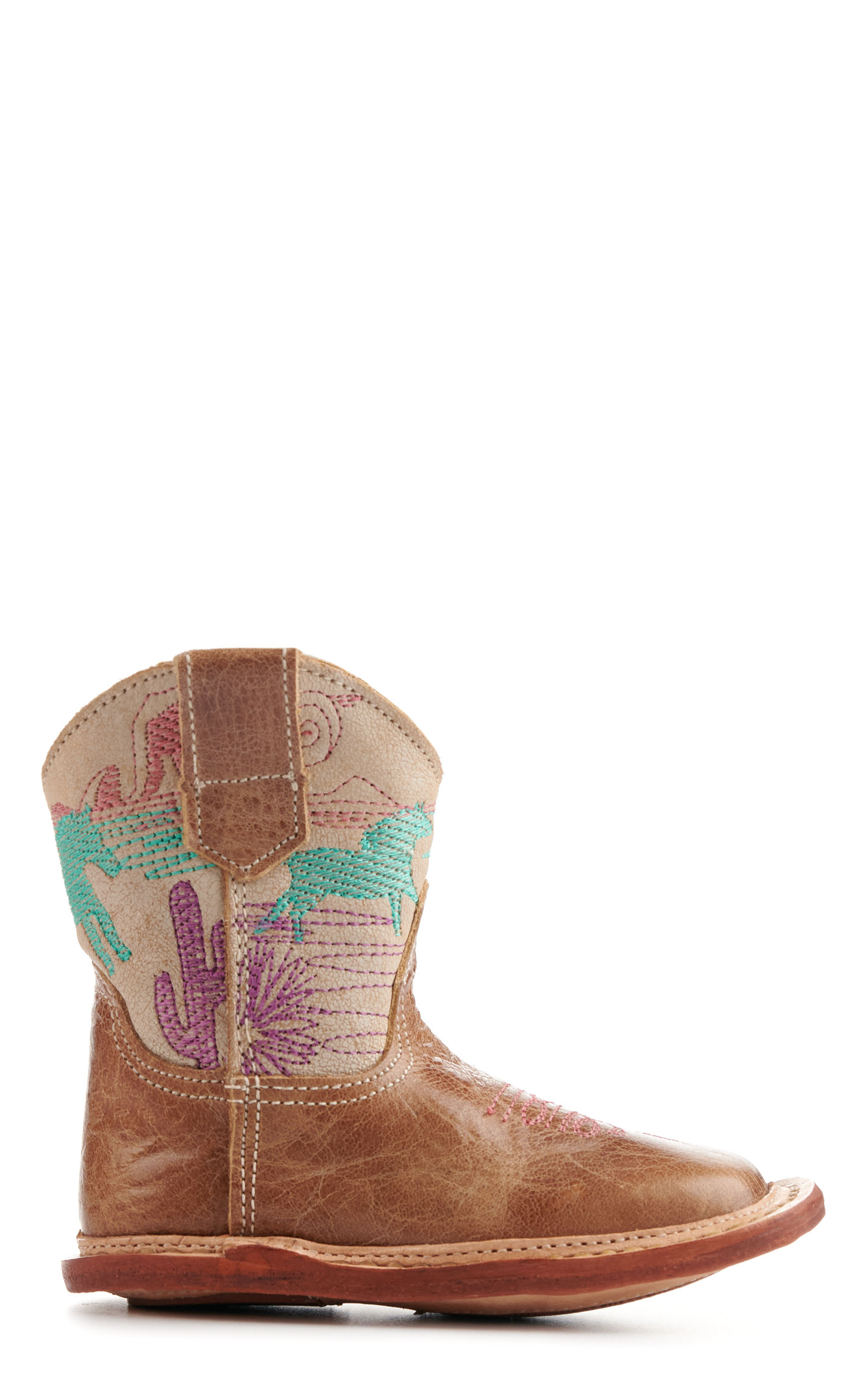 Roper Cowbabies Burnished Brown and Cream Running Free Embroidery Square Toe Cowboy Boots - Image 1