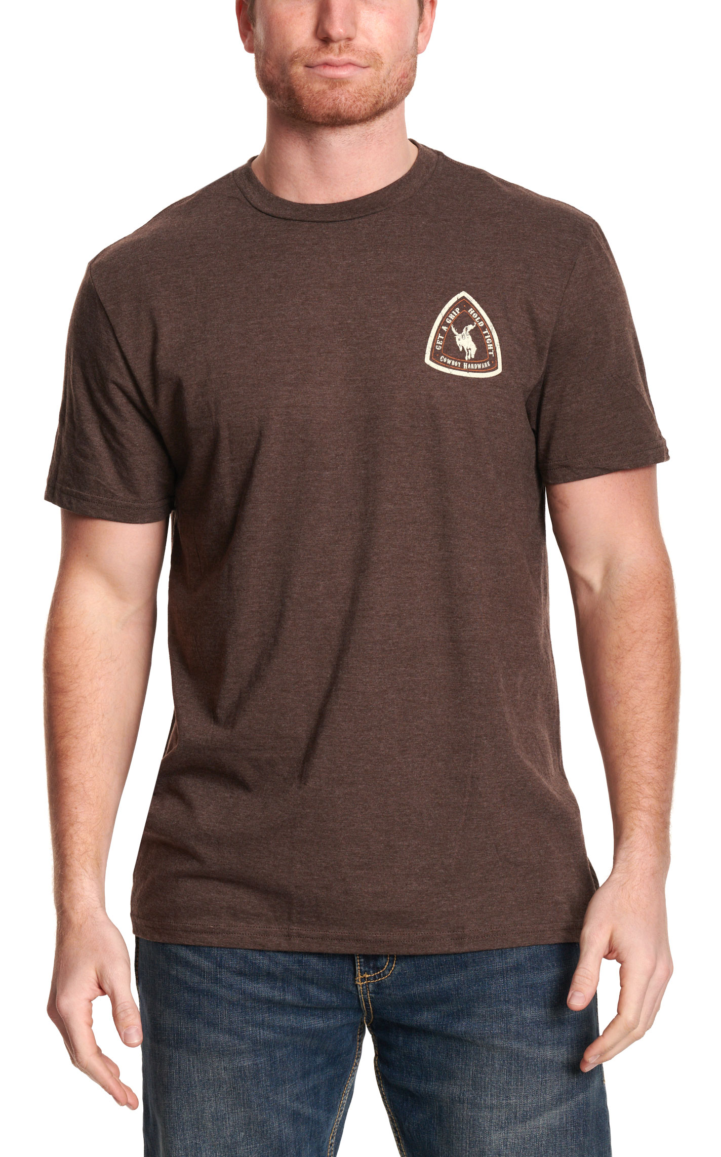 Cowboy Hardware Men's Chocolate Get A Grip Logo Graphic T-Shirt - Image 1
