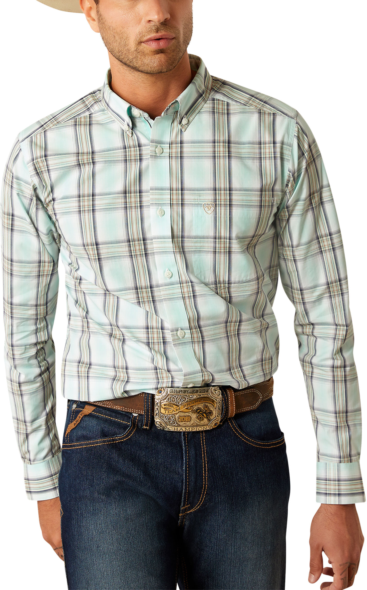 Ariat Men's Pro Series Corban Mint Plaid Western Shirt - Image 1