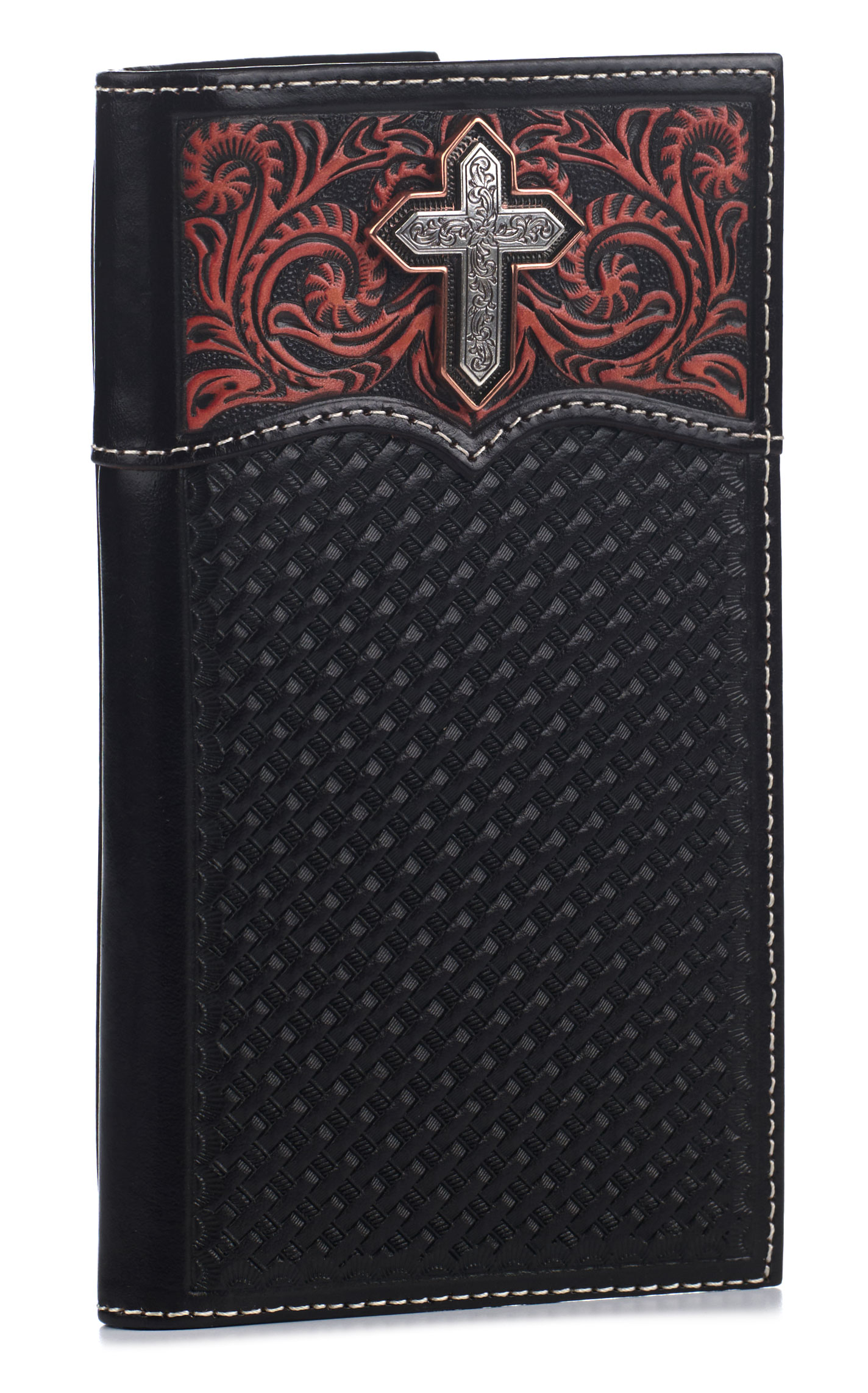 Ariat Men's Black & Cinnamon Tooled & Cross Accent Rodeo Wallet - Image 1