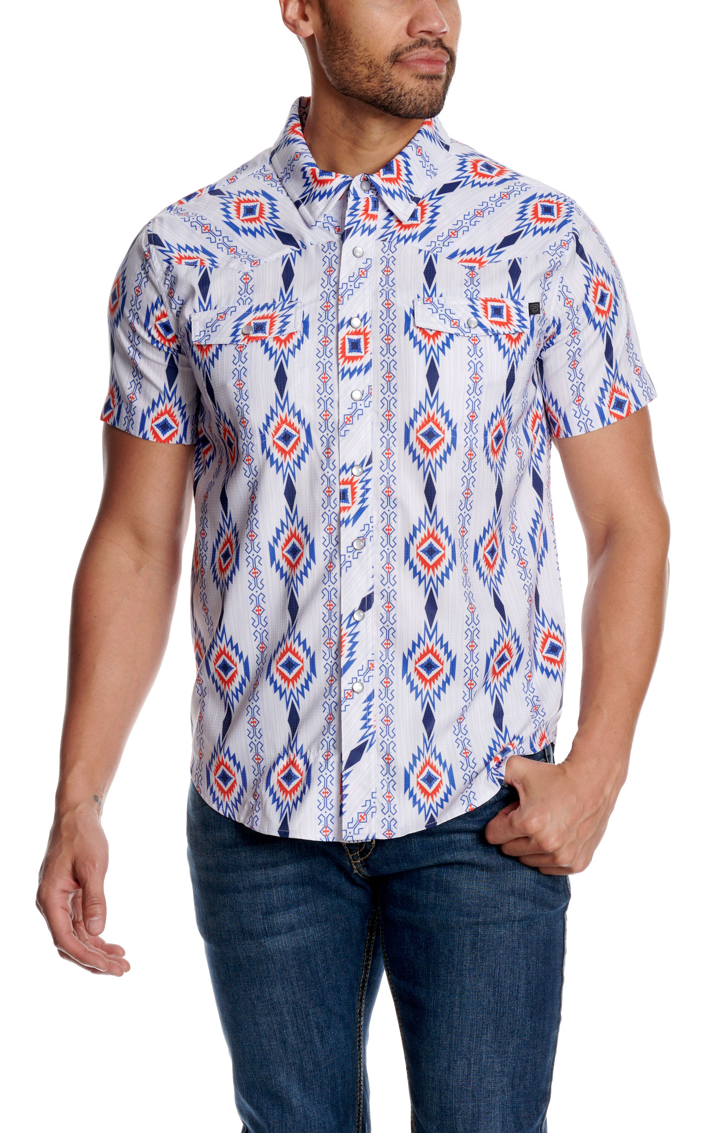 Rock & Roll Denim Men's Red & Blue Aztec Print TEK Western Shirt - Image 1