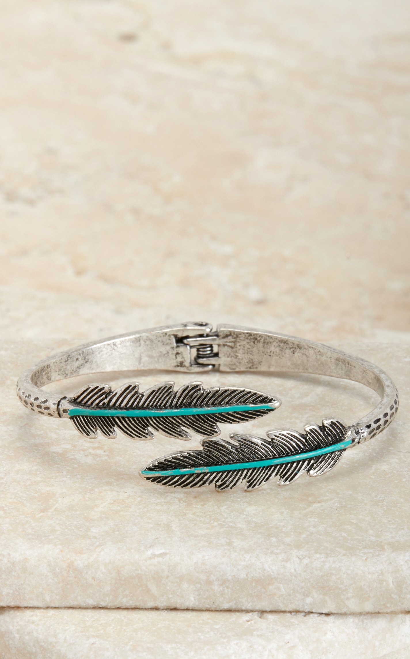 Silver Strike Silver with Turquoise Feathers Hinge Bracelet - Image 1